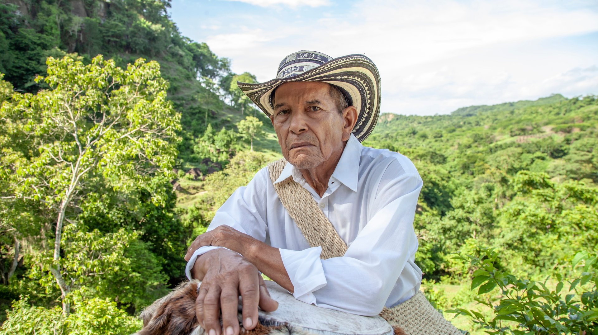 Portrait of an Elderly Man Wearing a Sombrero Vueltiao Outdoors in Ovejas, Colombia.