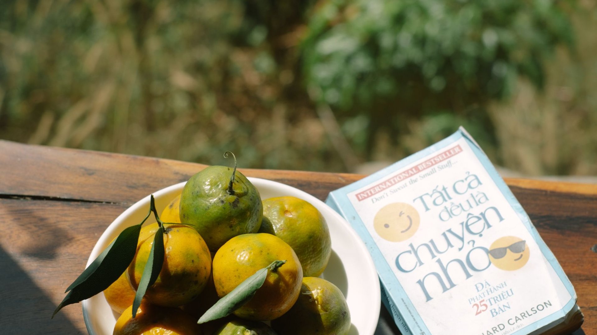 Bowl of Citrus Fruits and a Book on a Sunlit Wooden Table, Creating a Relaxing Atmosphere.