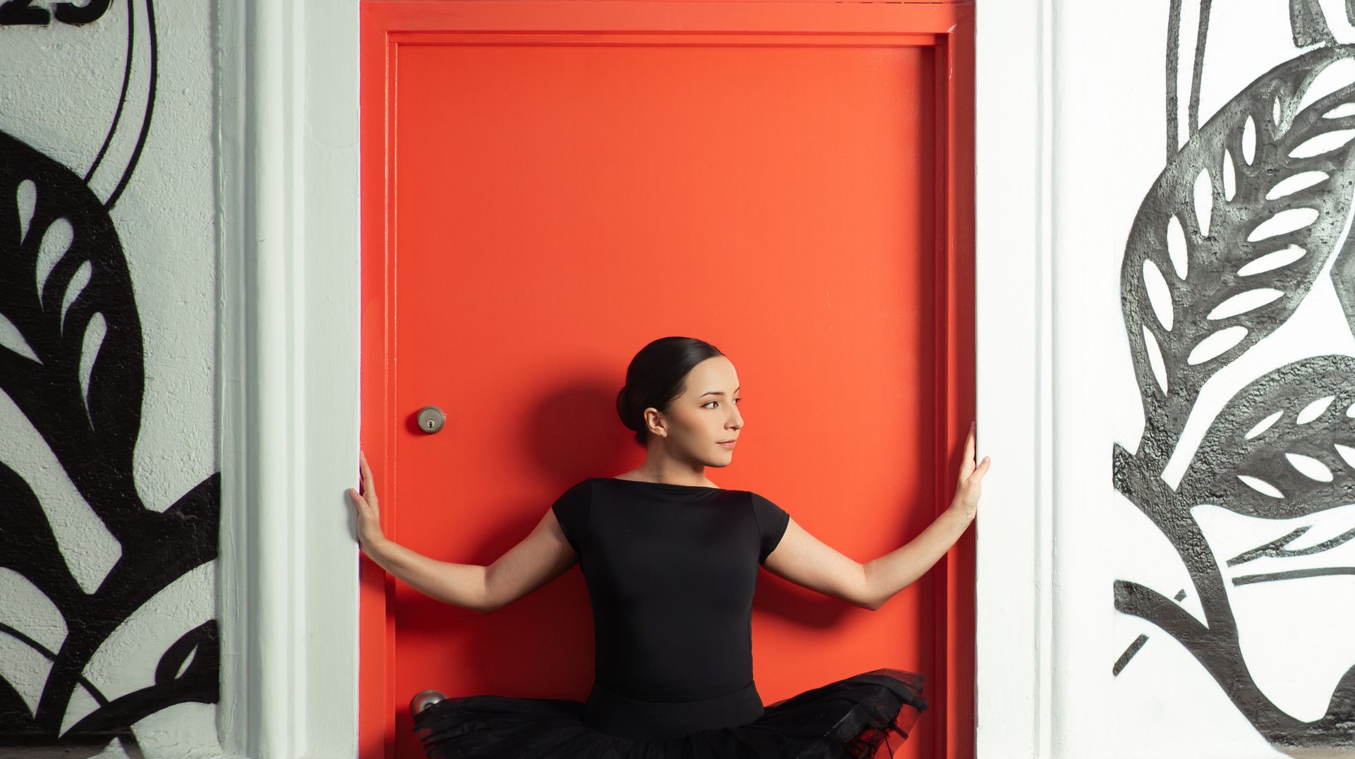 Elegant Ballet Dancer in Black Tutu Striking a Pose Against a Vibrant Red Door with Artistic Decor.