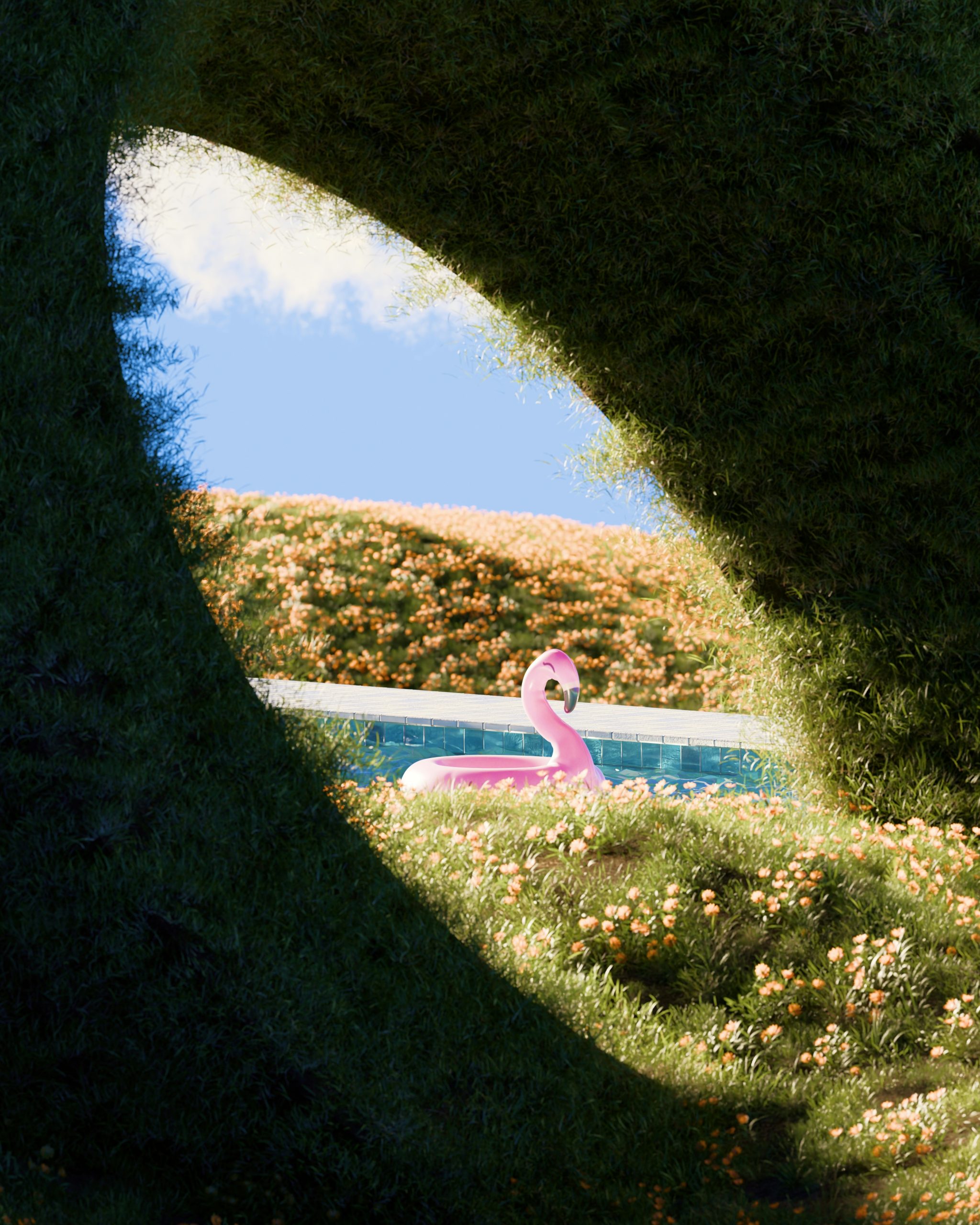 Pink flamingo float in a swimming pool surrounded by flowers