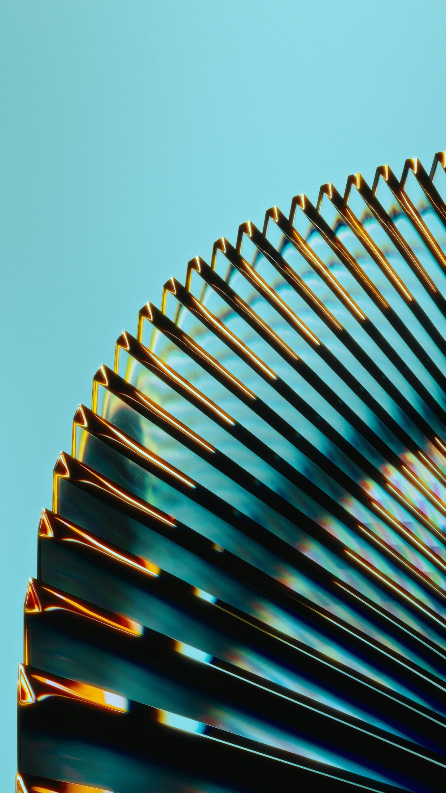 Abstract structure with parallel reflective surfaces on a blue background
