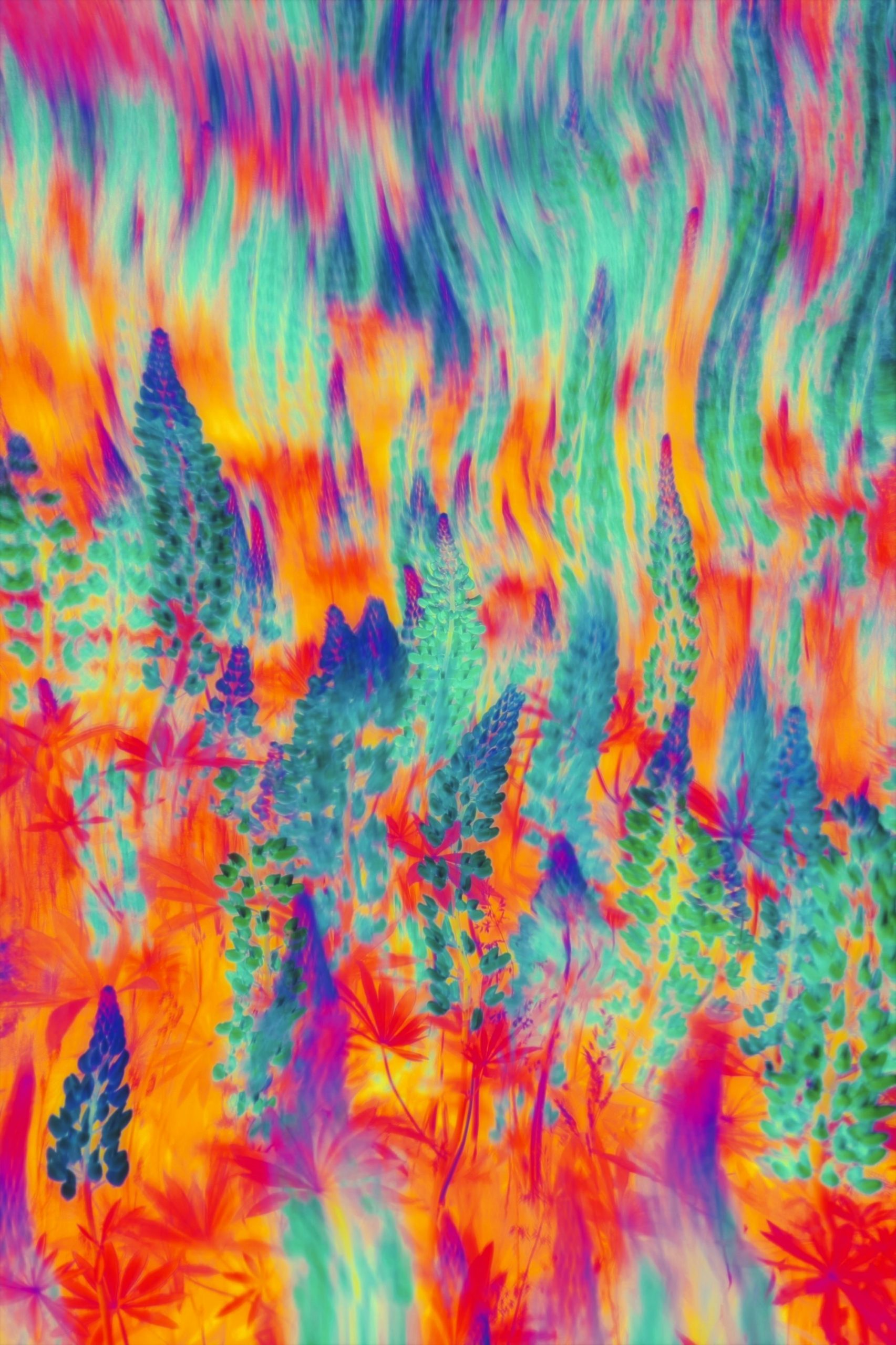 Vibrant Abstract Art With Colorful Plant-Like Shapes And Wavy Patterns