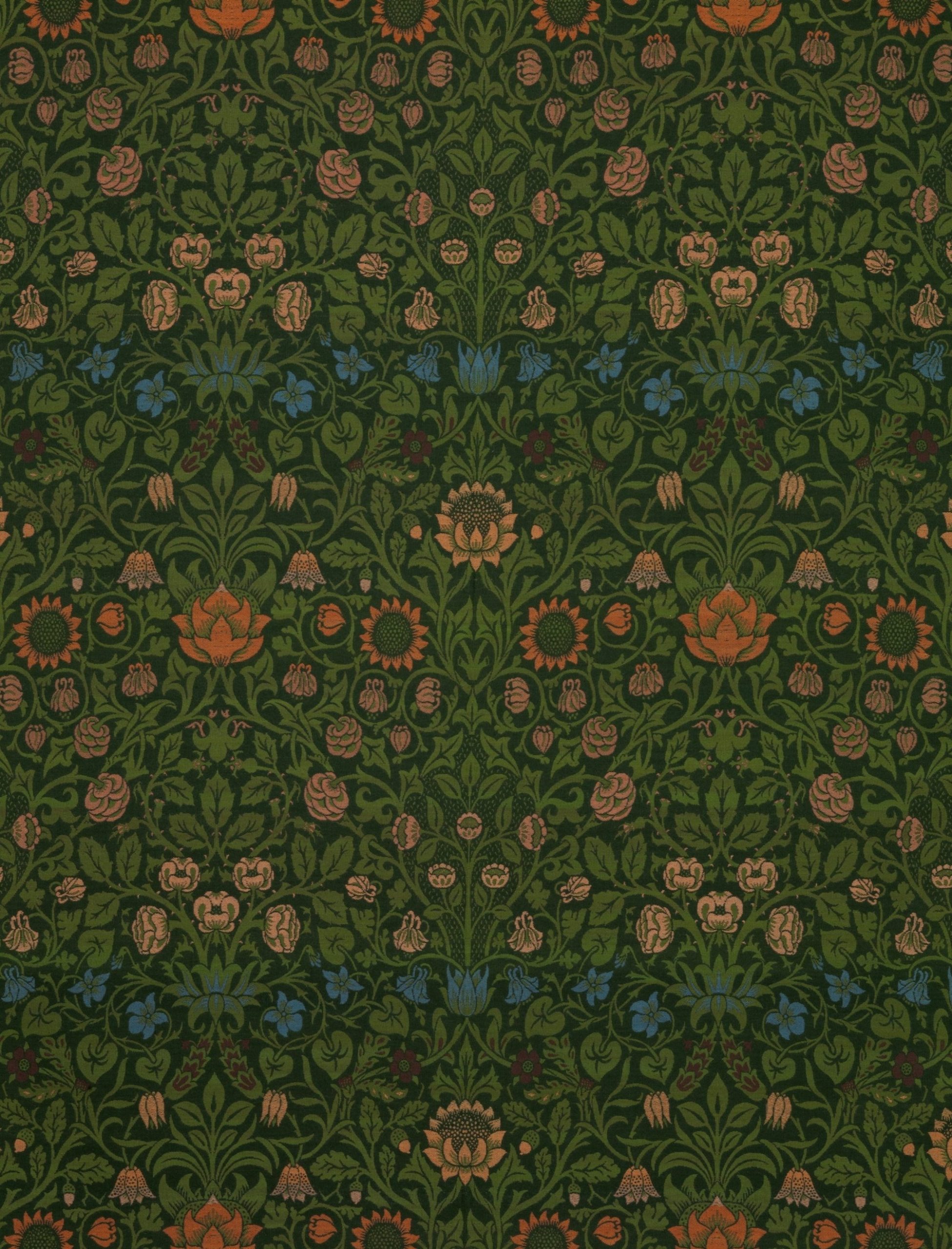 Dark Green Floral Pattern With Orange And Blue Flowers