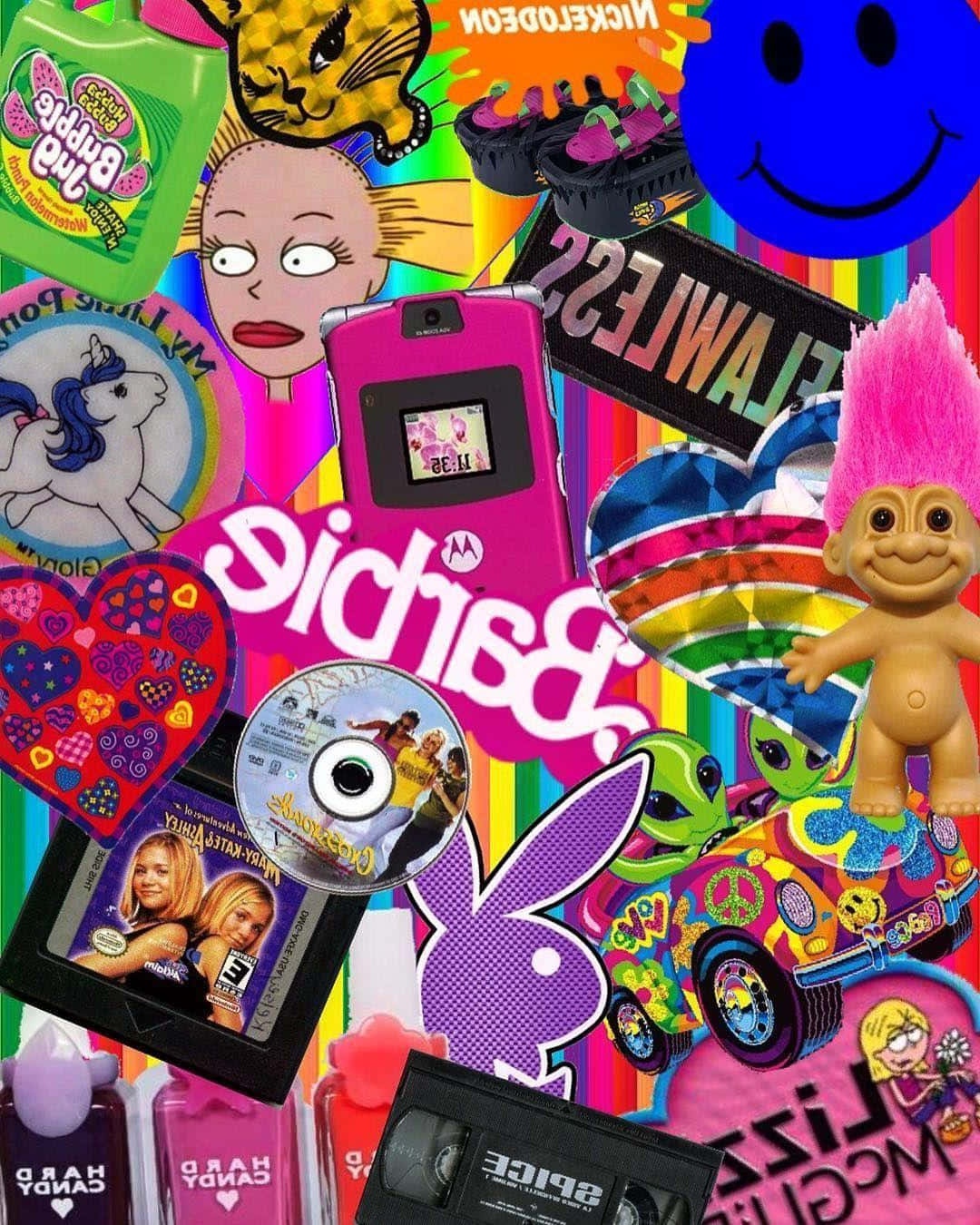 A colorful collage of 2000s pop culture icons including Barbie, Trolls, and Nickelodeon characters.