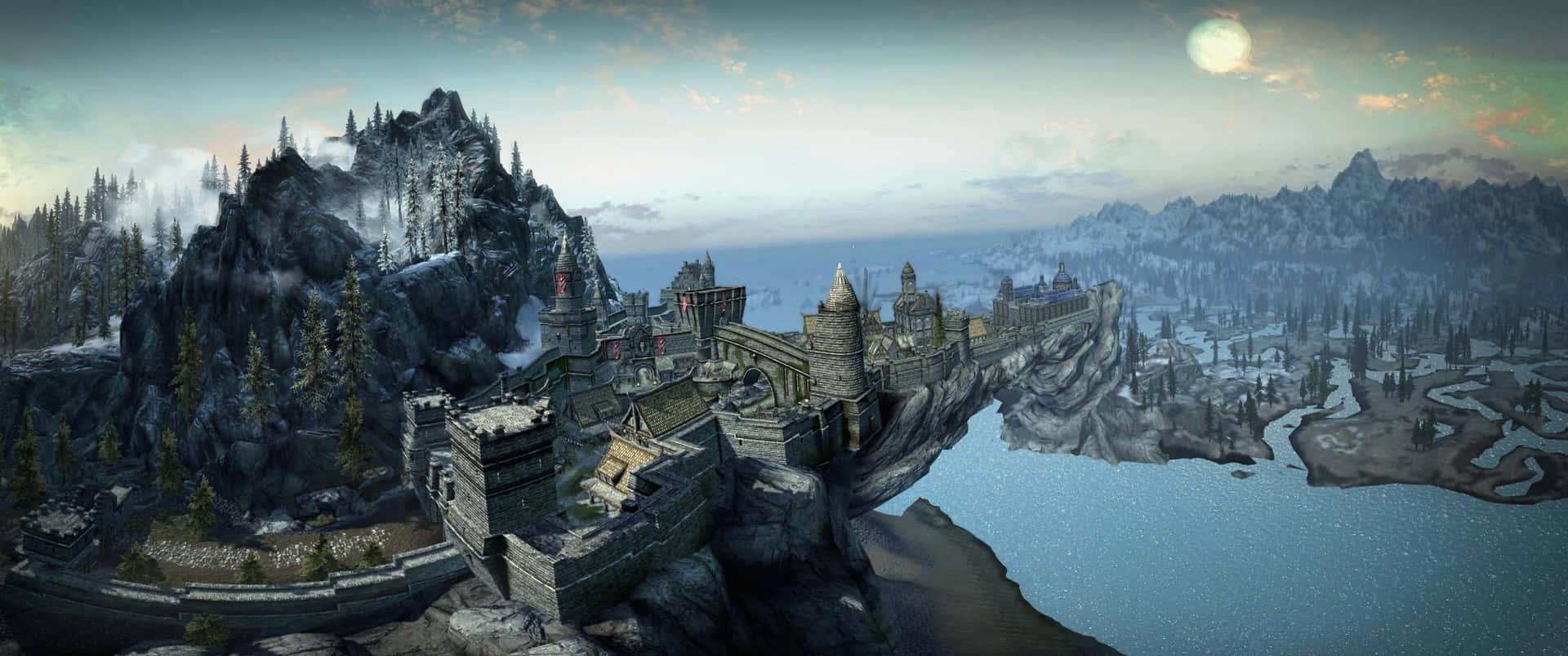 Medieval castle on snowy mountain cliff overlooking frozen lake at dusk. – Ultra HD Wallpaper