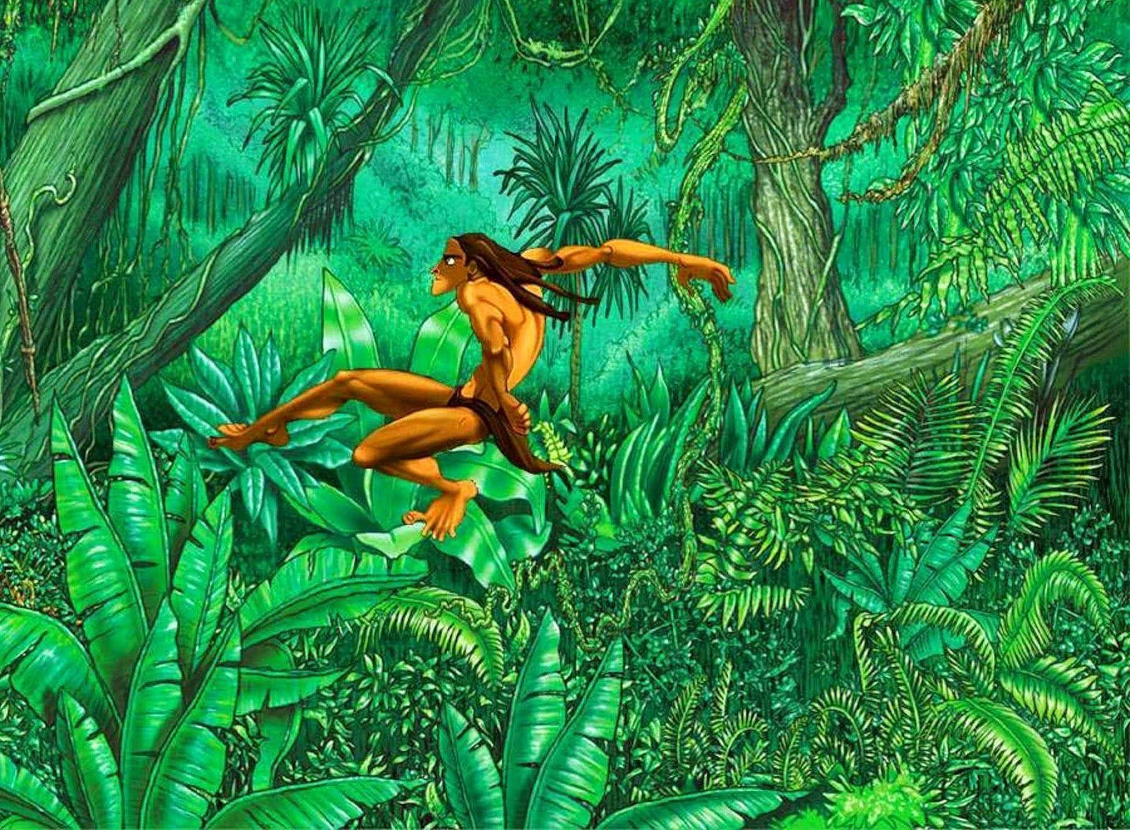 Animated jungle warrior leaping through lush green foliage.
