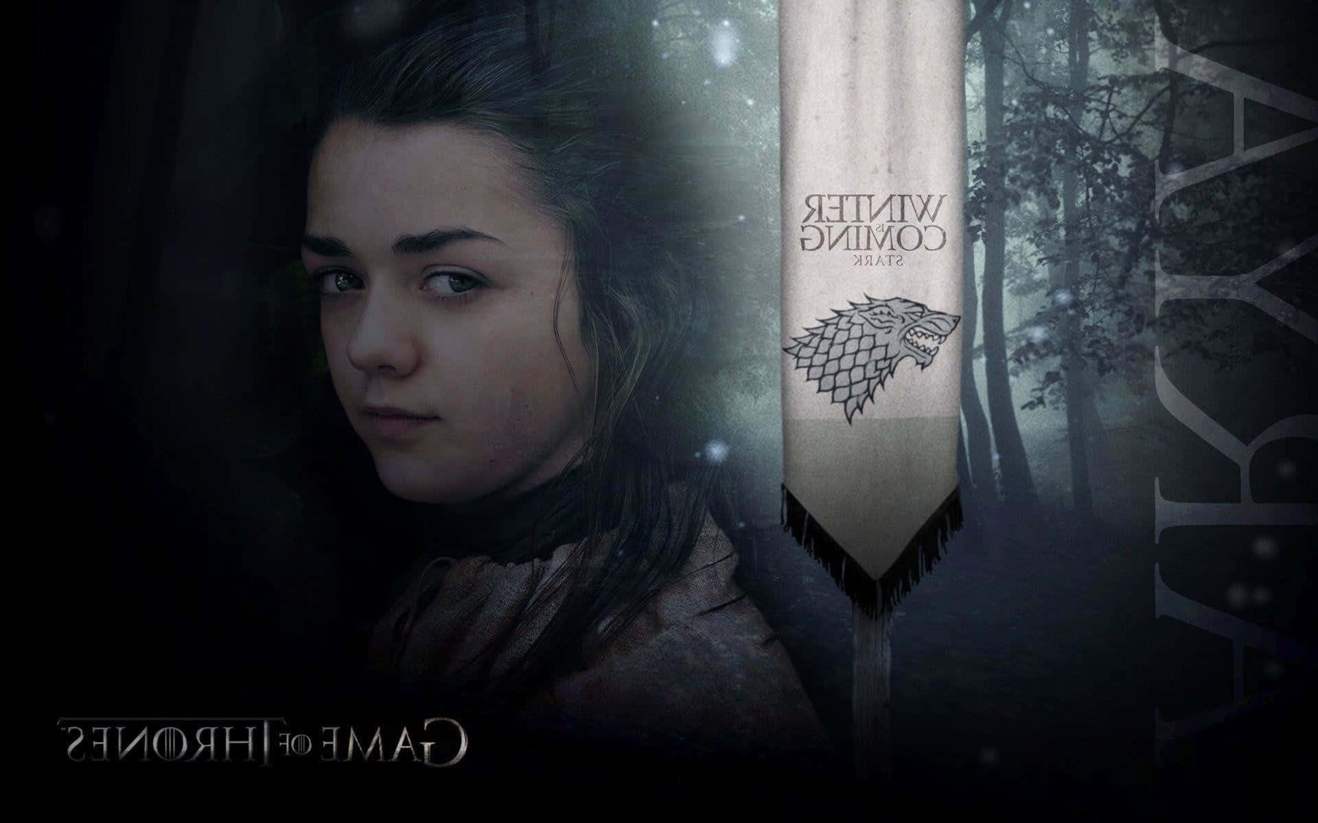 Arya Stark in a dark forest holding her Stark banner with direwolf sigil. – Ultra HD Wallpaper