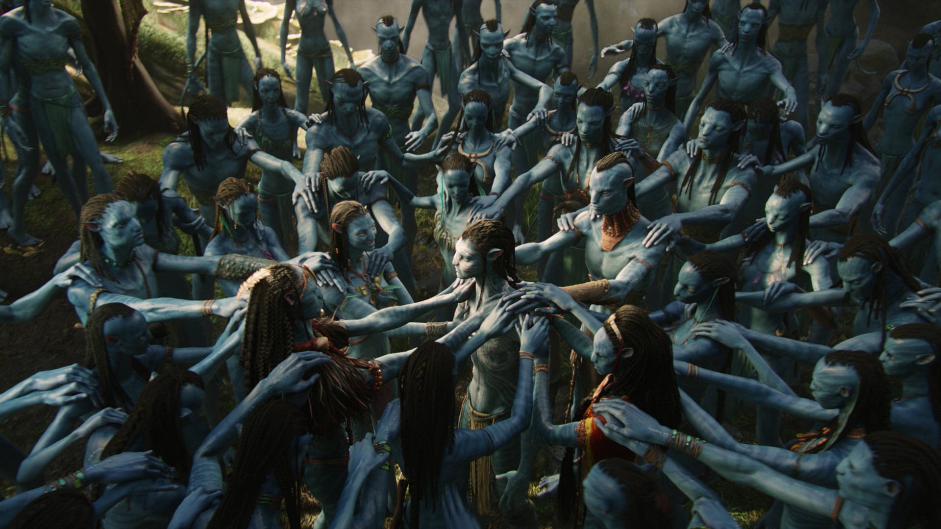 Na'vi people in a forest circle touching hands in ritual