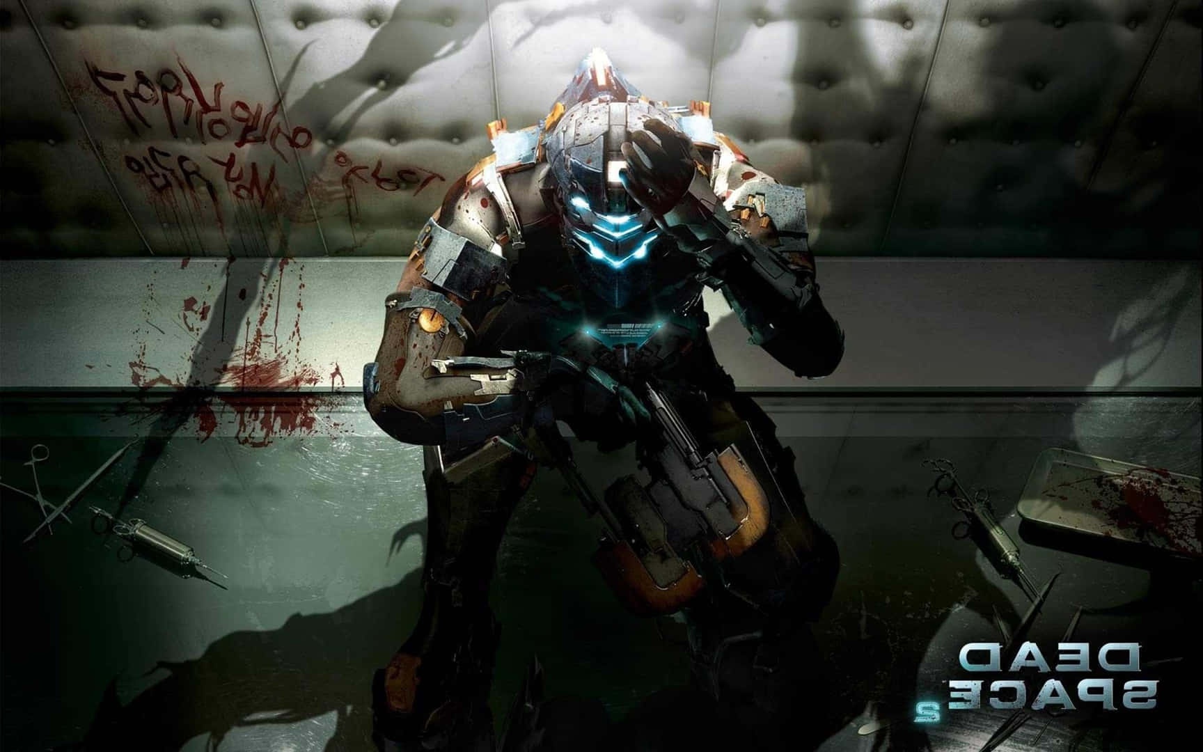 A grimy spaceship medical room with a bloodied soldier and surgical tools.