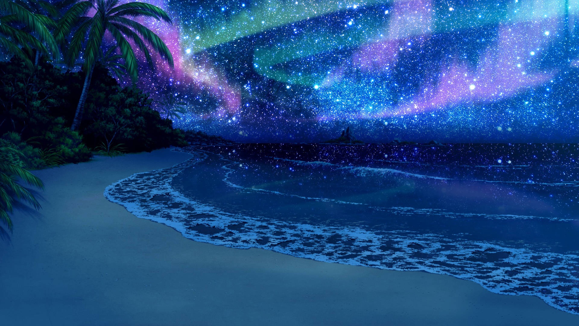 Tropical beach at night with auroras and stars above the ocean.