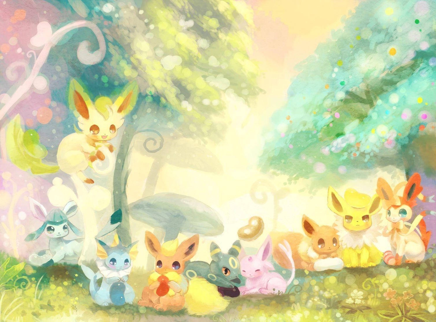 Group of Eeveelutions in a magical forest with glowing lights and soft colors.