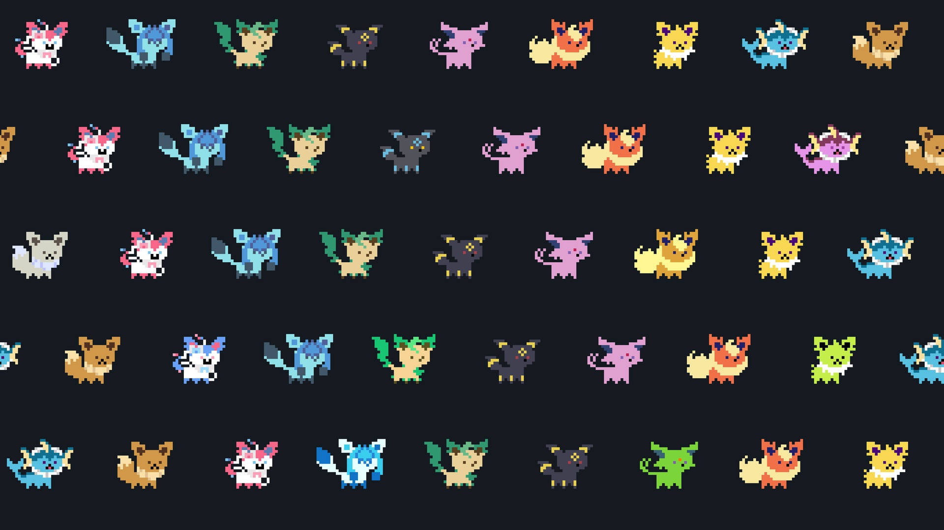 Pixel art grid of Pokémon Eeveelutions on dark background
