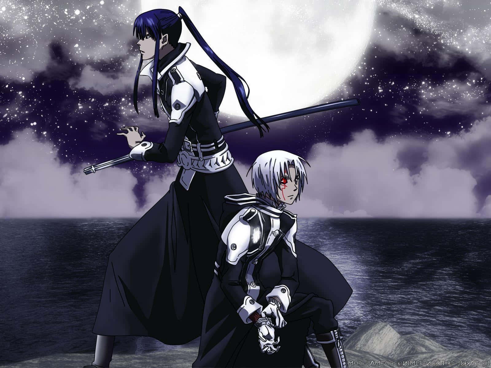 Two anime warriors in black and white armor stand by a starry ocean under a full moon. – Ultra HD Wallpaper