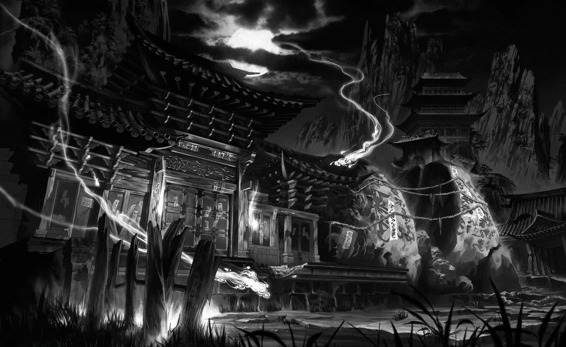 Anime shrine with lightning at night in monochrome style