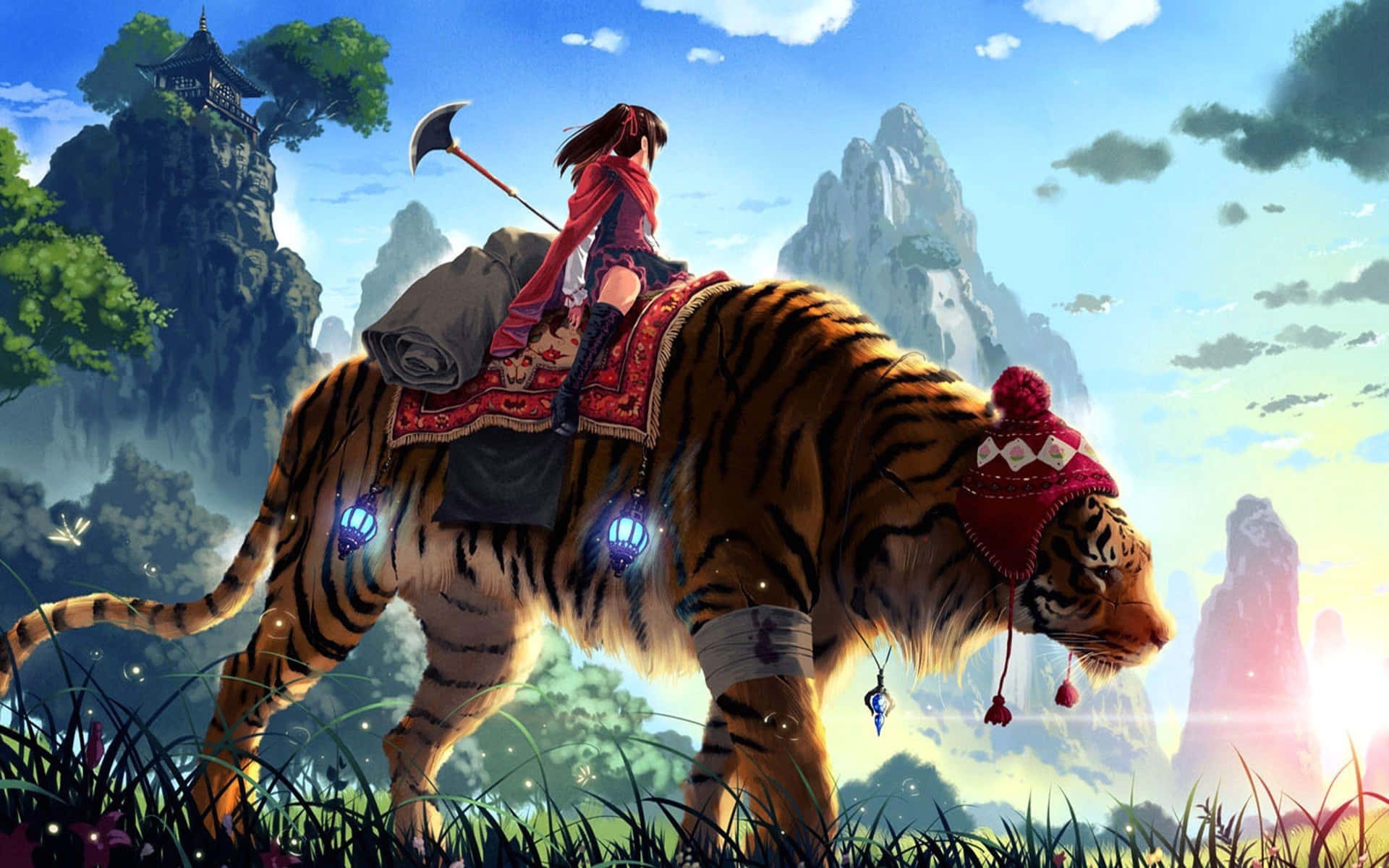 Warrior on tiger in fantasy mountain landscape at sunrise – Ultra HD Wallpaper