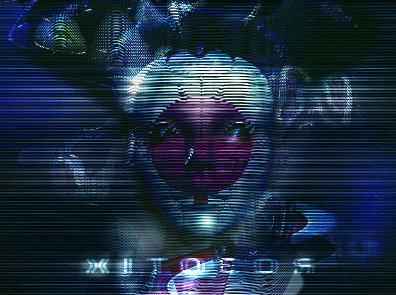 Glitch art of a robotic face with purple eyes and 'ROBOTIX' text in blue static. – Ultra HD Wallpaper