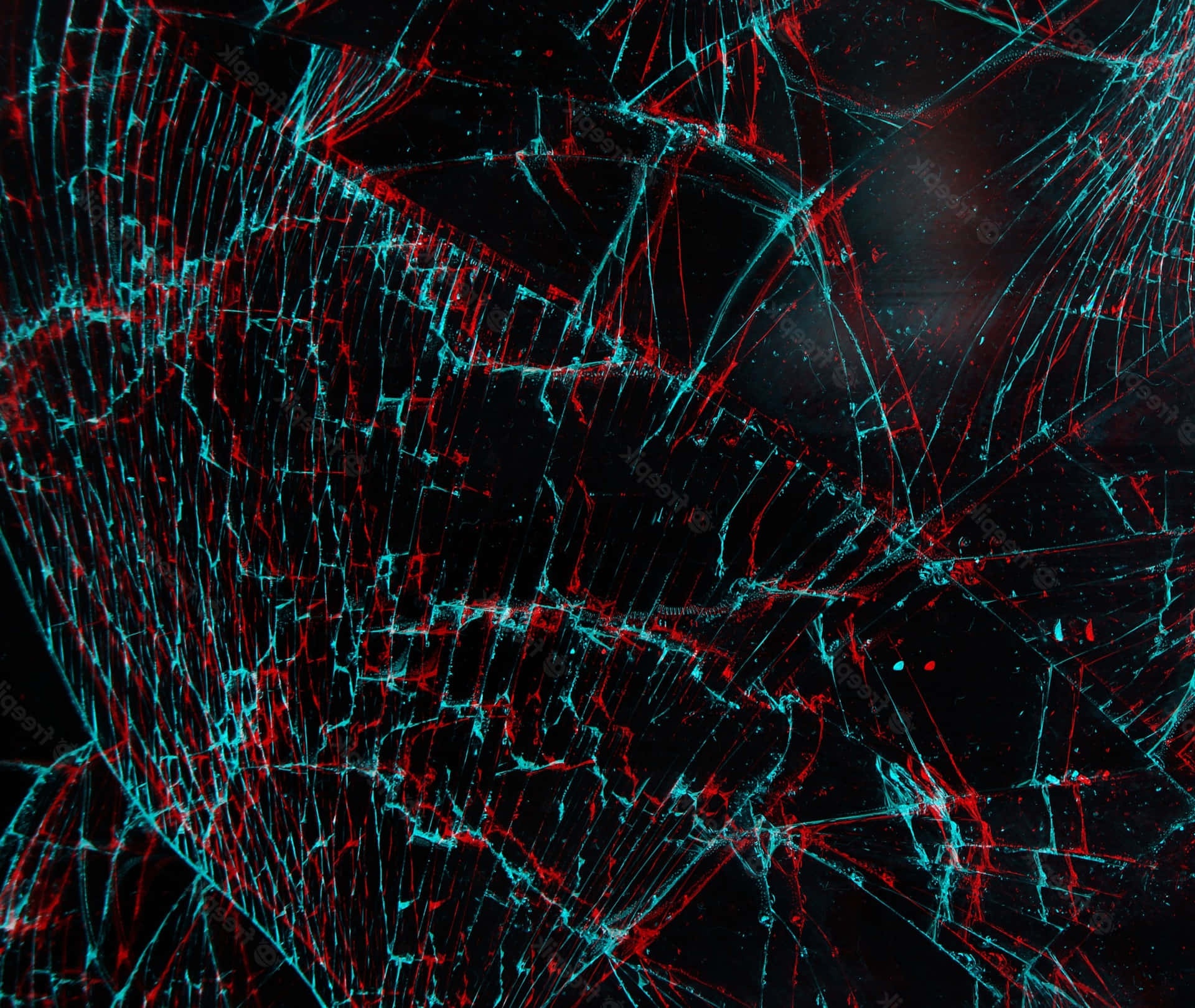Shattered glass with glowing red and cyan cracks on black background