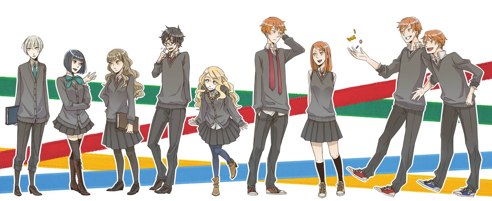 Anime characters in school uniforms standing in a row against a colorful striped backdrop.
