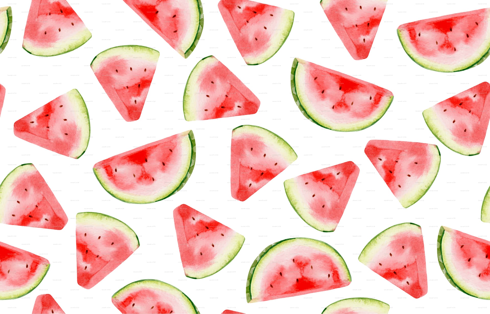 Watercolor pattern of sliced watermelons on white background