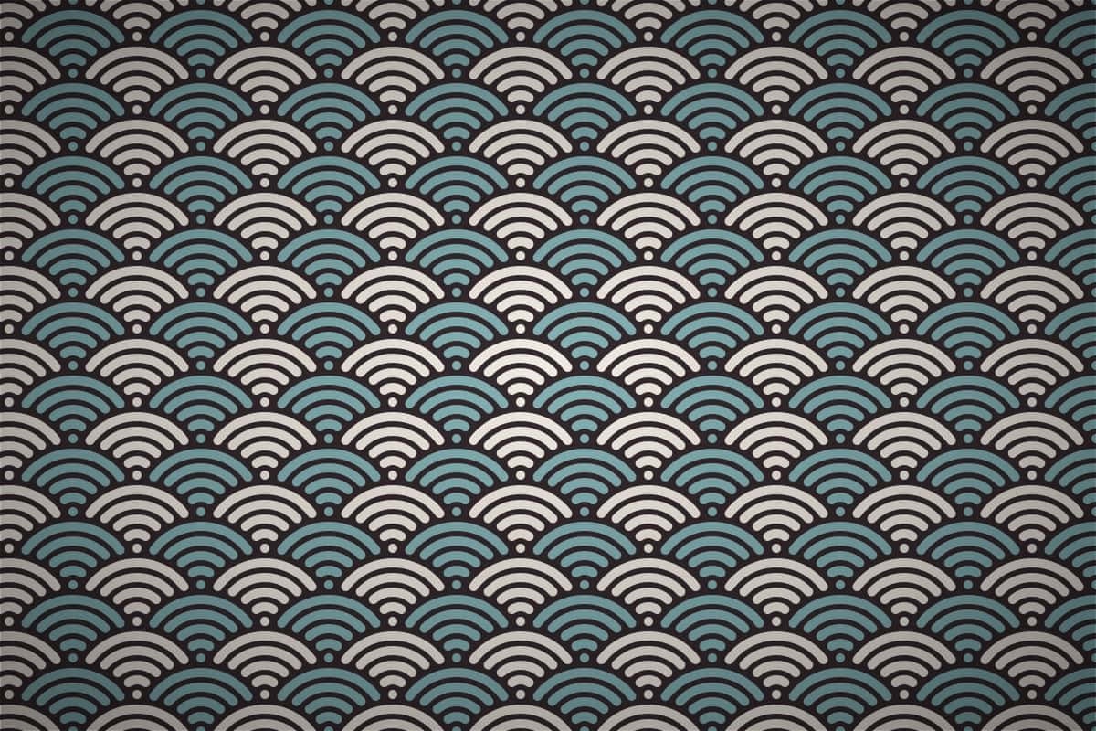 Traditional scallop shell pattern in teal gray and white.