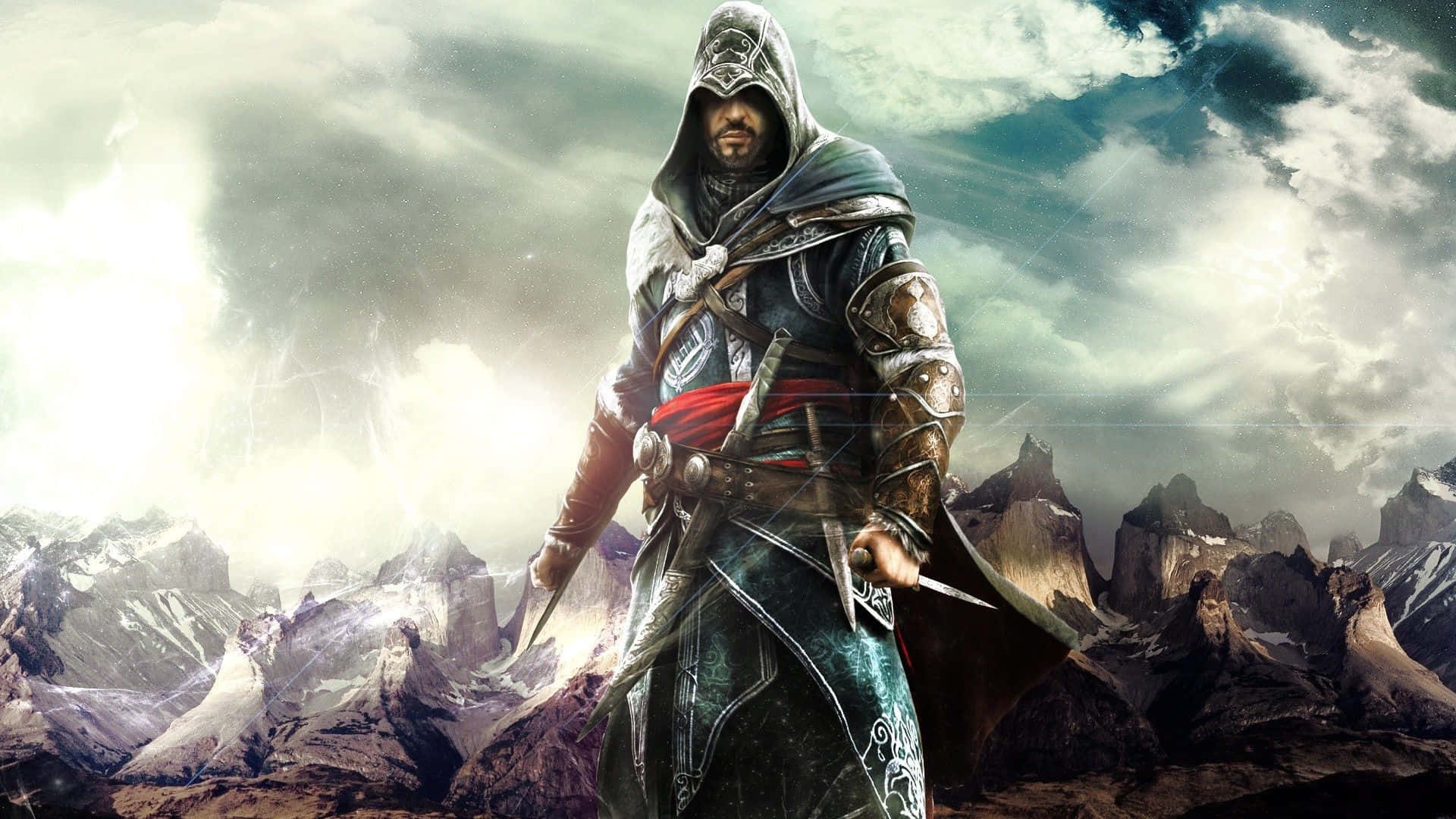 Assassin in hooded robe holding blades against snowy mountain peaks under storm clouds.