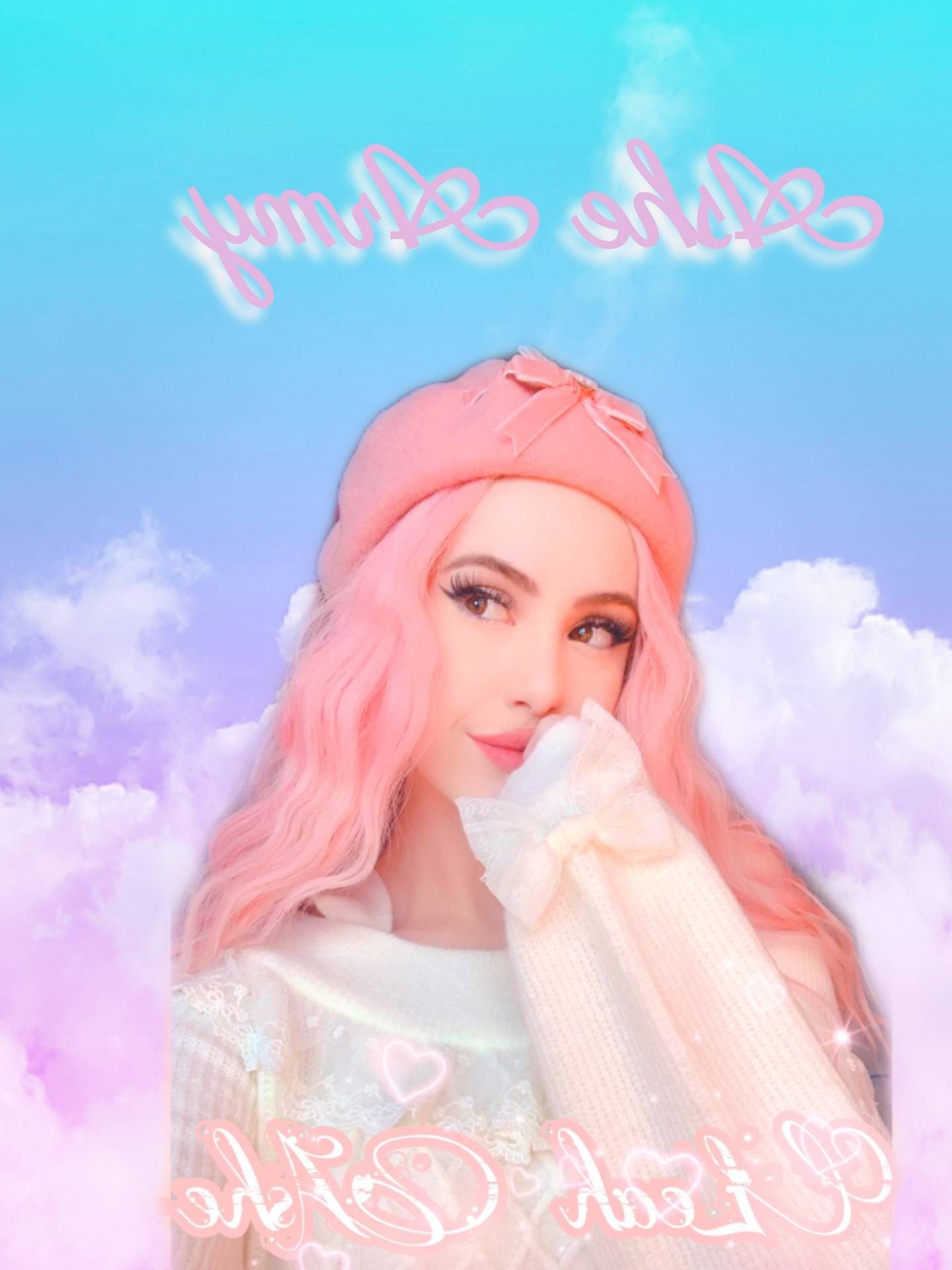 A pink-haired woman in a beret and white outfit smiles gently against a pastel sky with clouds and hearts. – Ultra HD Wallpaper