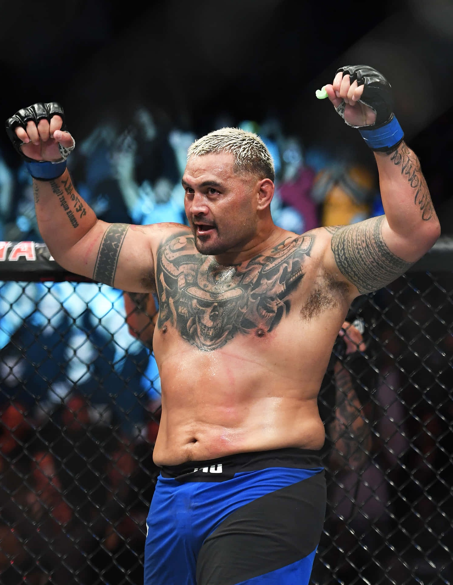 MMA fighter with tattoos celebrates victory in UFC octagon.