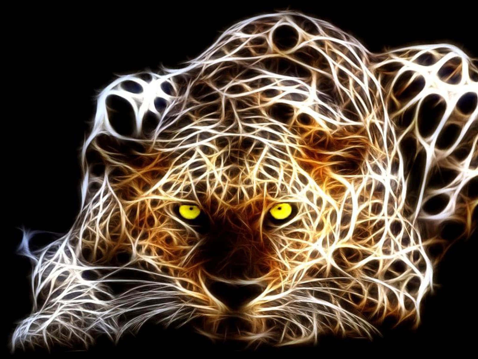 A stylized leopard with glowing yellow eyes and electric white fractal lines on a black background.