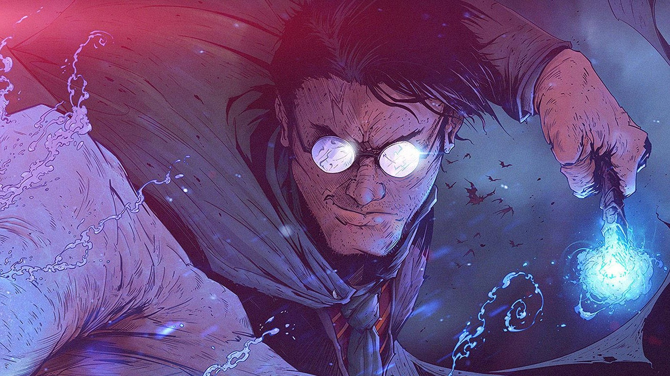 A wizard with glowing eyes casts blue magic while bats fly around him in a dark cosmic scene. – Ultra HD Wallpaper