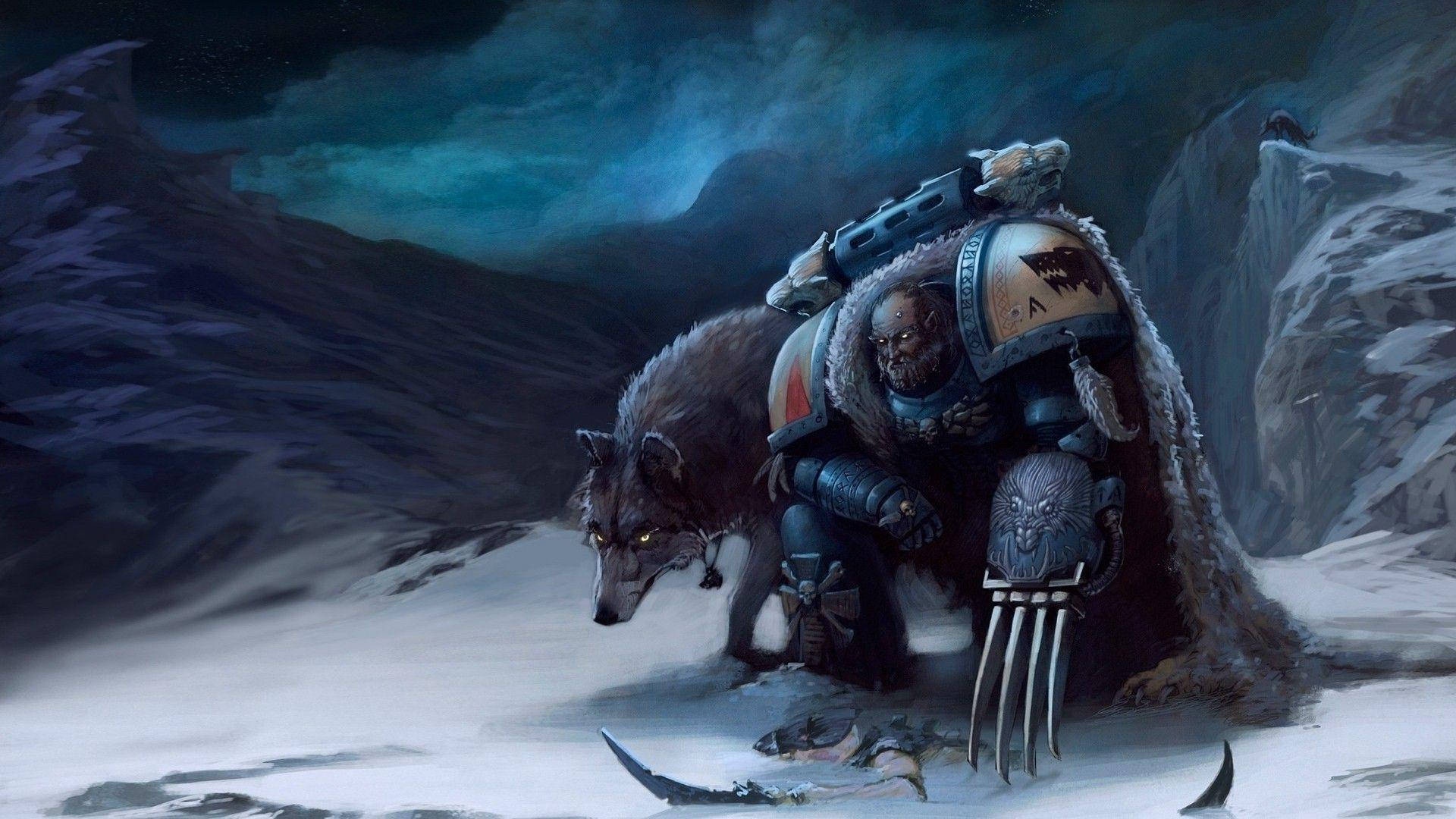 Warrior and wolf in snowy mountains at night – Ultra HD Wallpaper