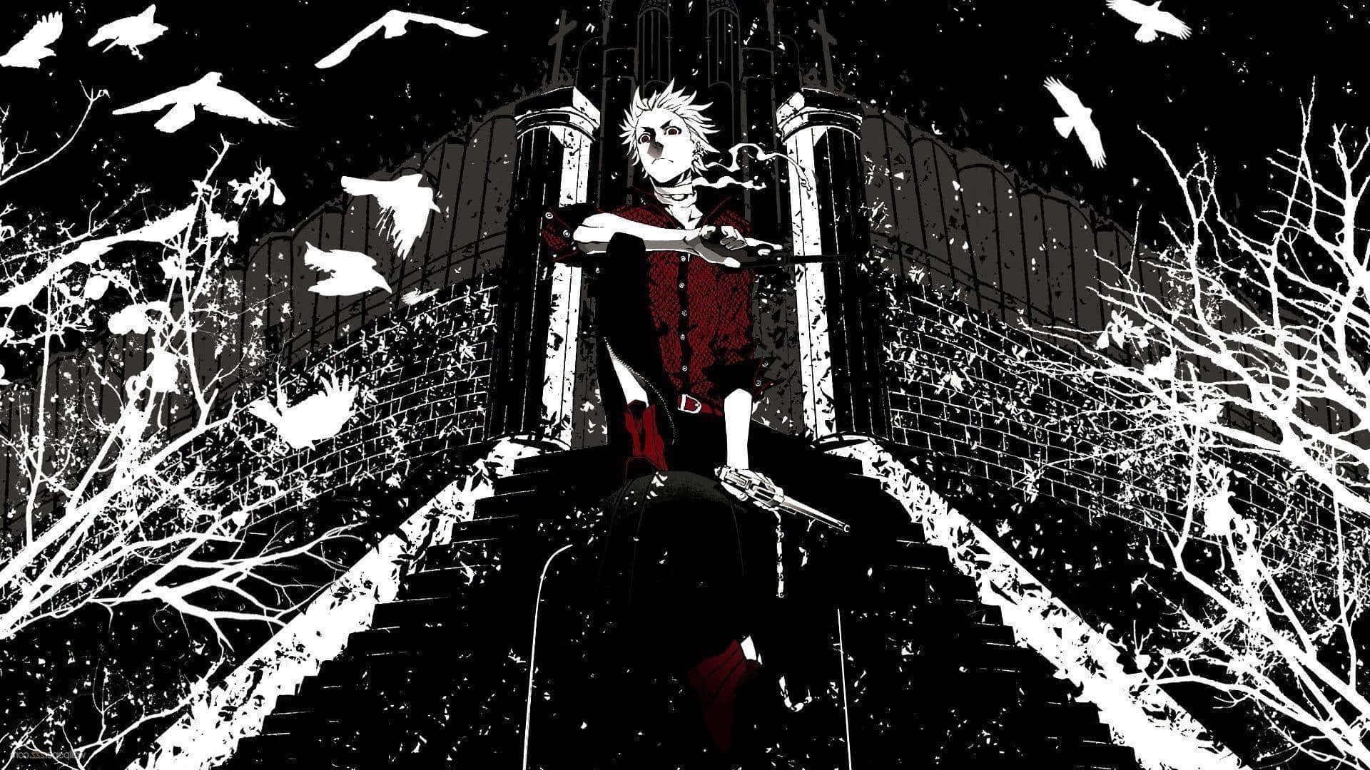 Anime character with spiky hair holding guns on stairs surrounded by birds and bare trees.
