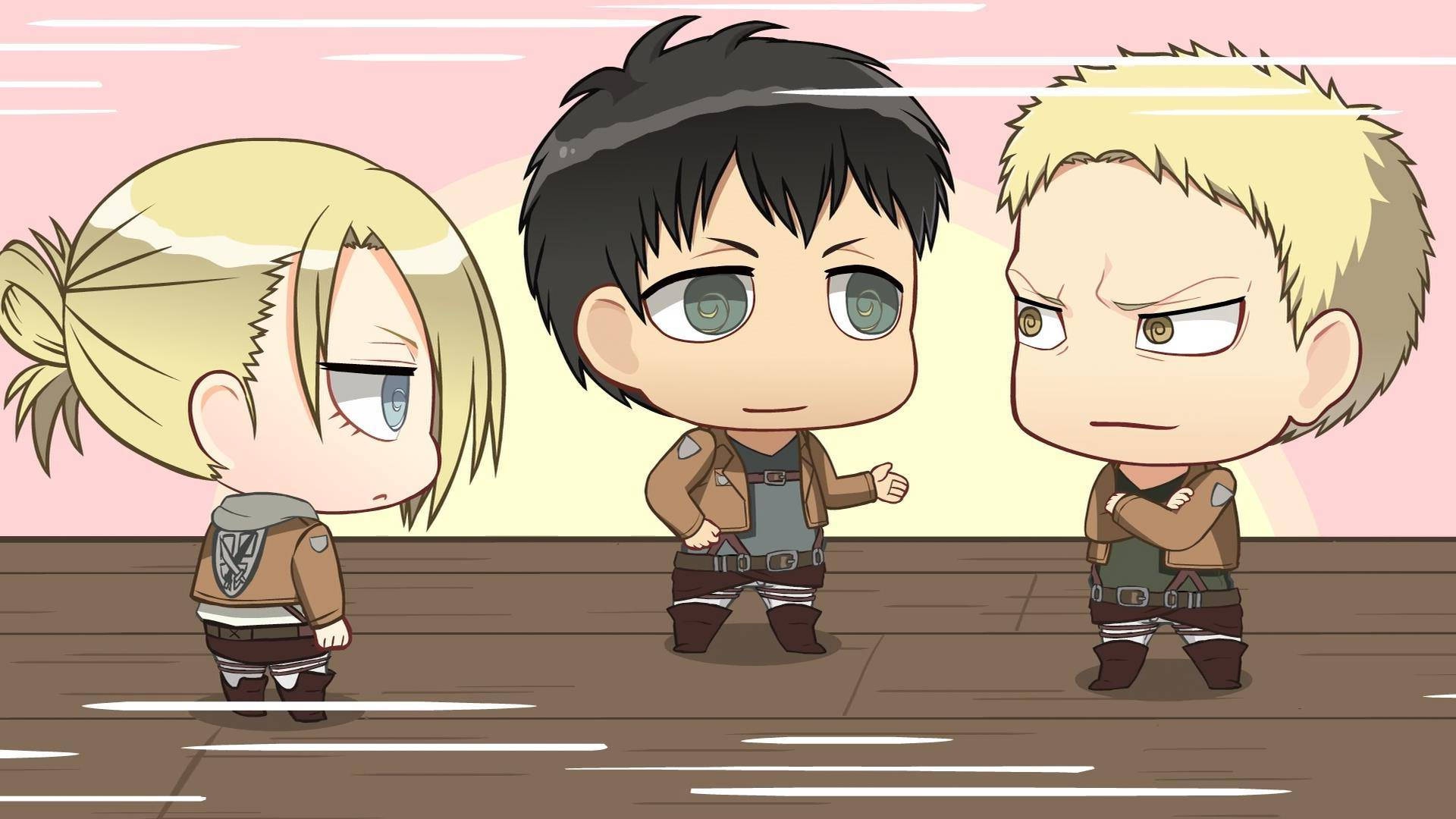 Three chibi anime characters in military uniforms standing on wooden floor. – Ultra HD Wallpaper