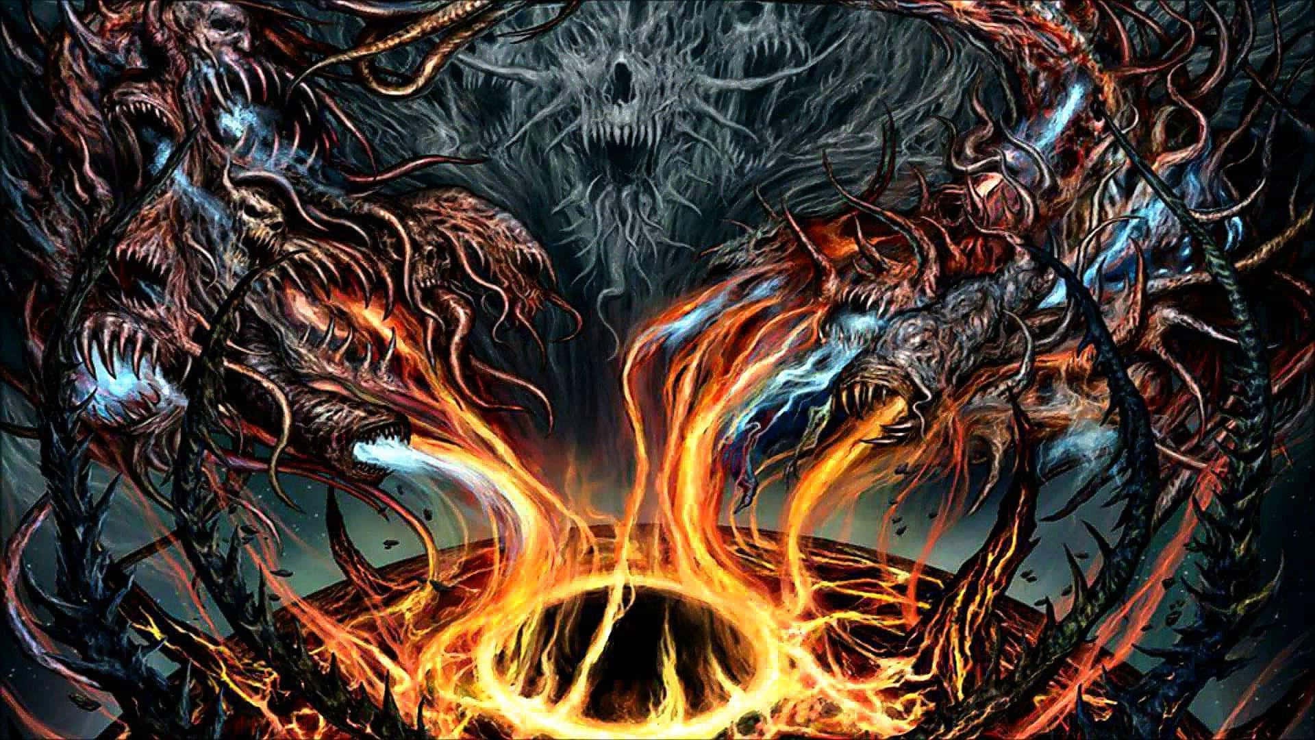 Two demonic dragons clash over a fiery pit in a dark cosmic scene. – Ultra HD Wallpaper