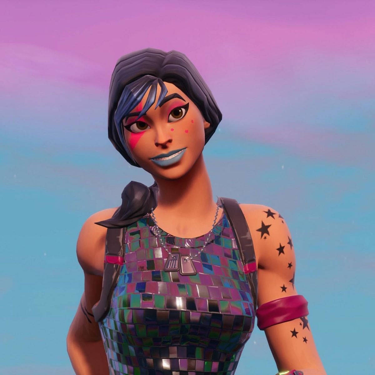 A colorful video game character with star tattoos and a mosaic top. – Ultra HD Wallpaper