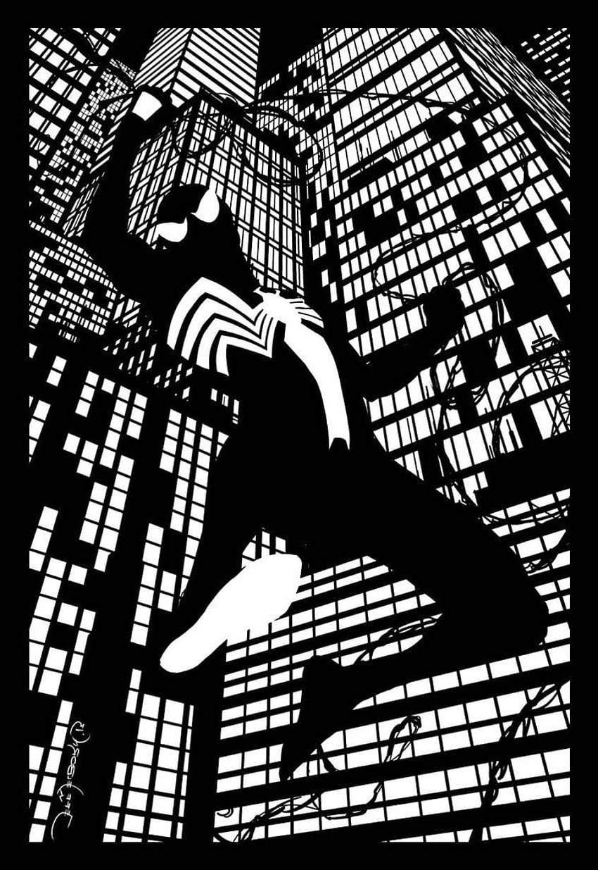 Spider-Man swinging between skyscrapers in a high-contrast black and white comic illustration.