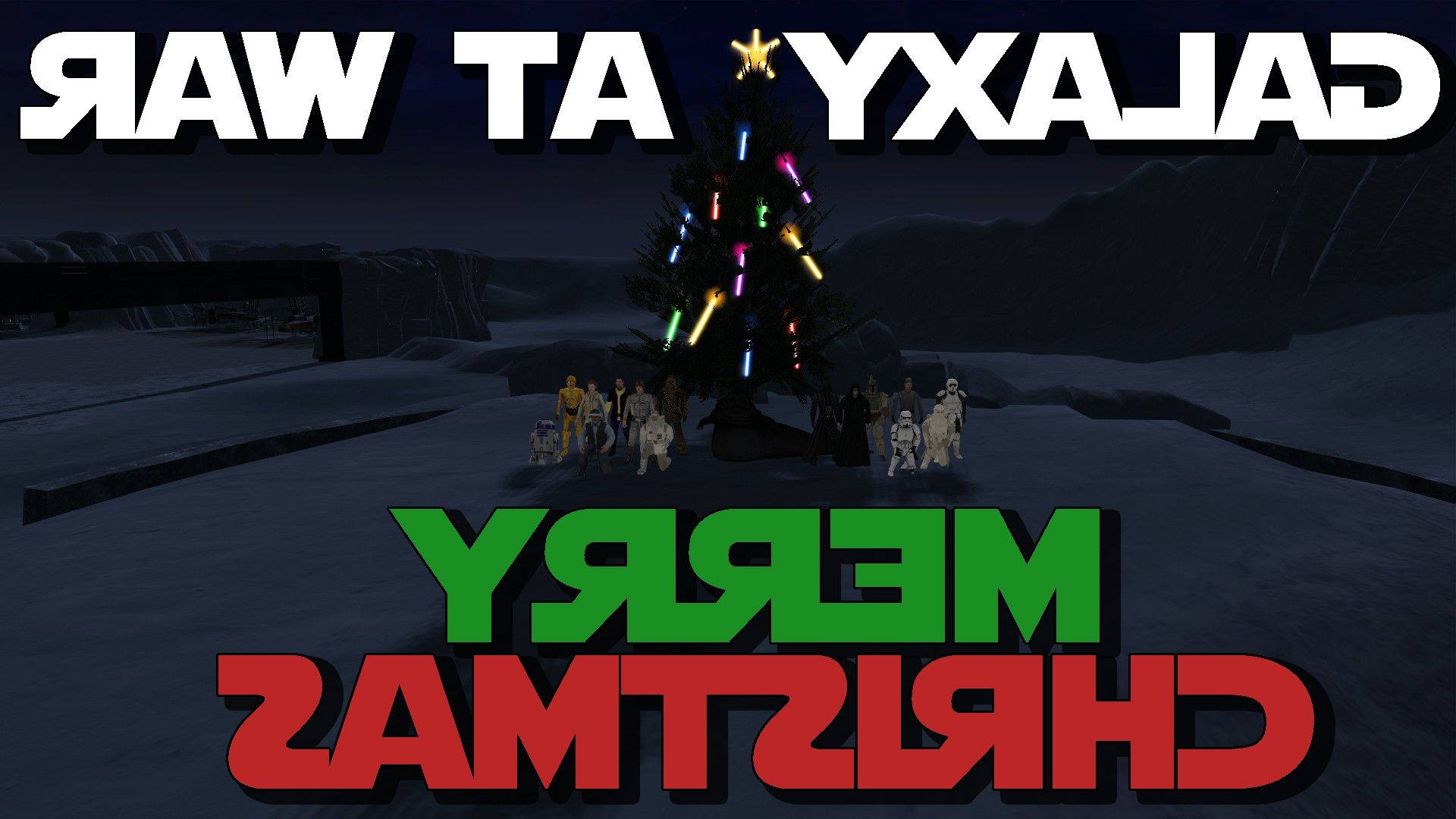 Star Wars characters celebrate Christmas around a decorated tree on a snowy planet. – Ultra HD Wallpaper