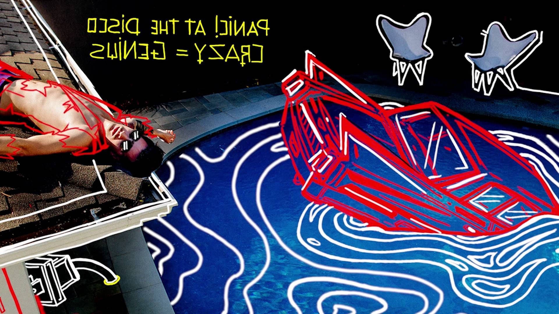 A man on a rooftop next to a neon-outlined boat in a pool with cartoon teeth and music band text.