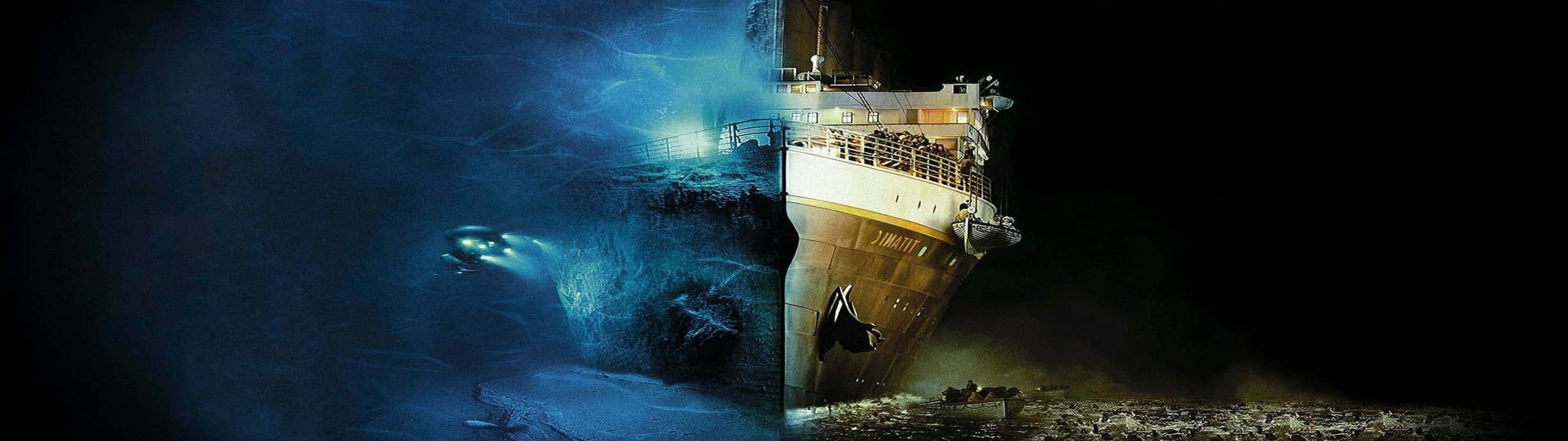 A ship and submarine in dark ocean waters with glowing lights.