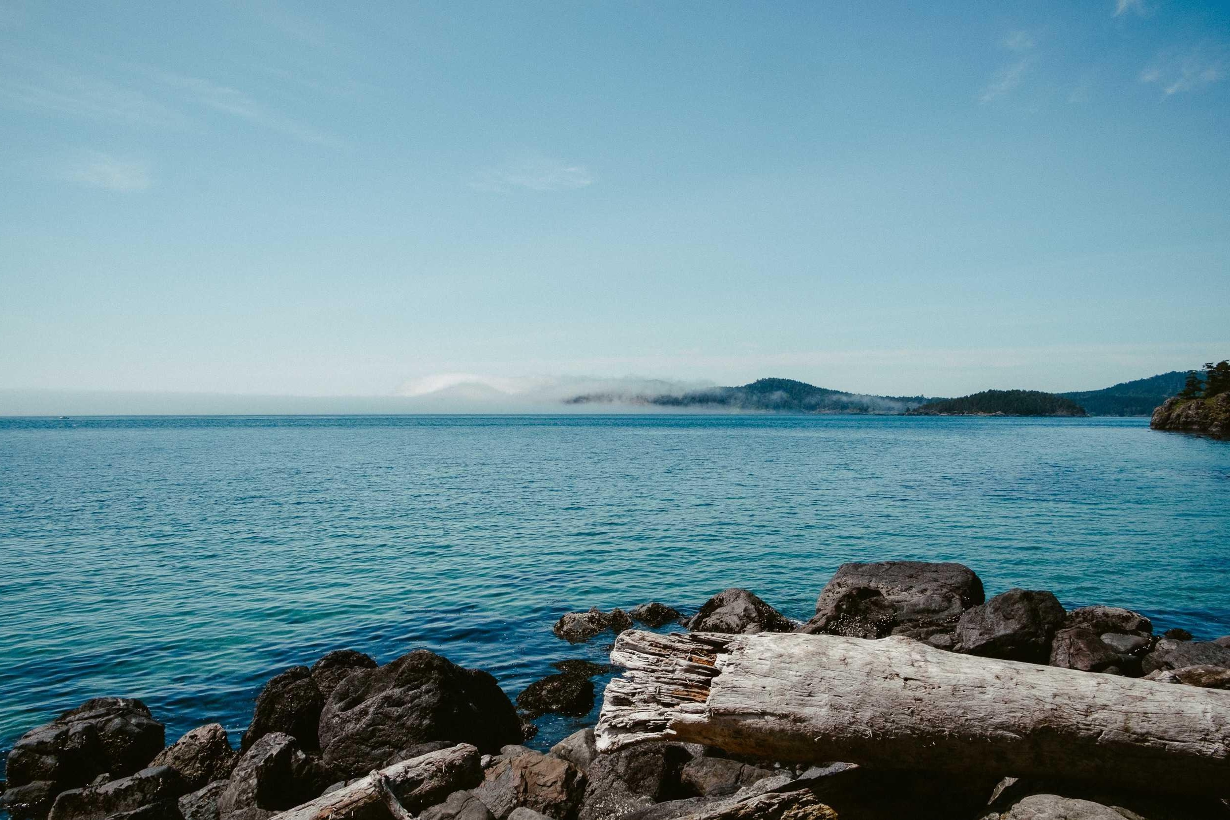 Misty blue morning fog rolling over a quiet coastal landscape