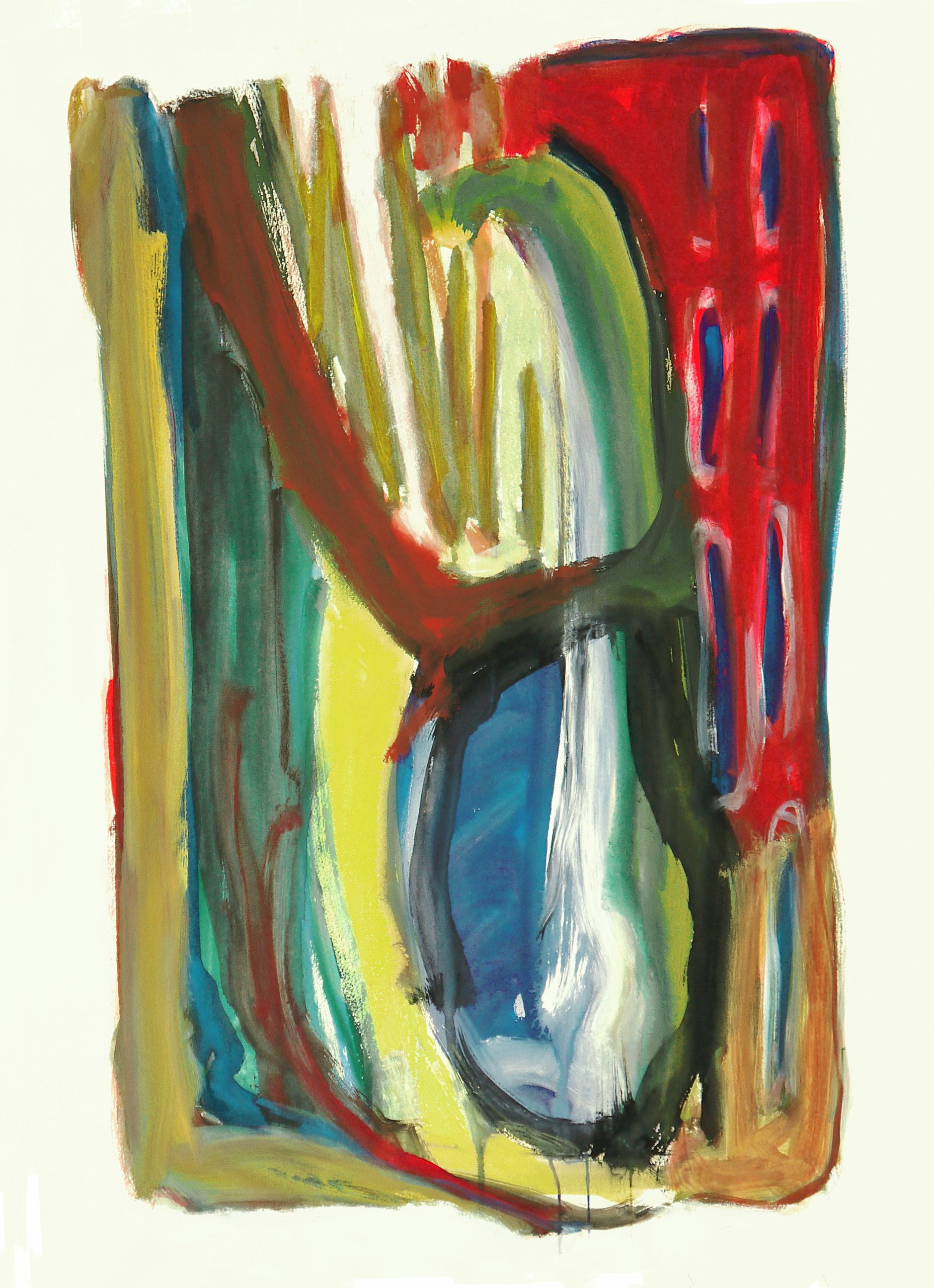 Abstract painting with bold strokes of red, blue, and yellow.