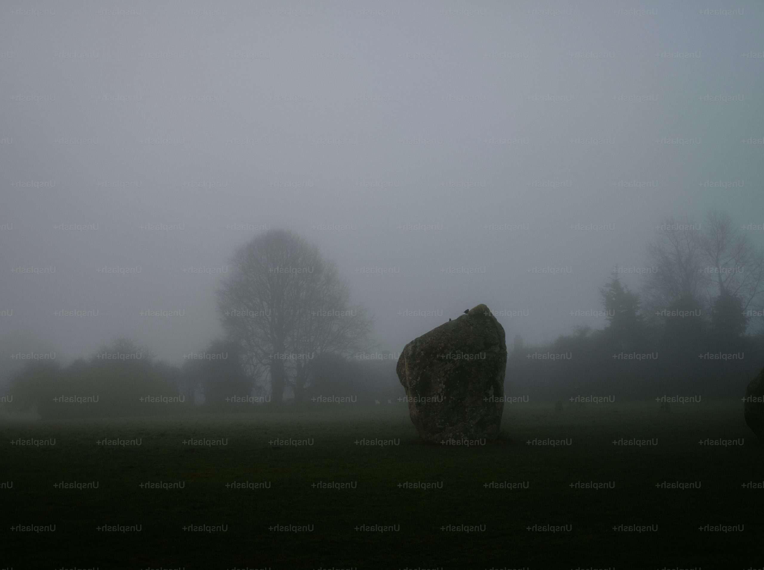 Megalithic stone standing in a foggy field