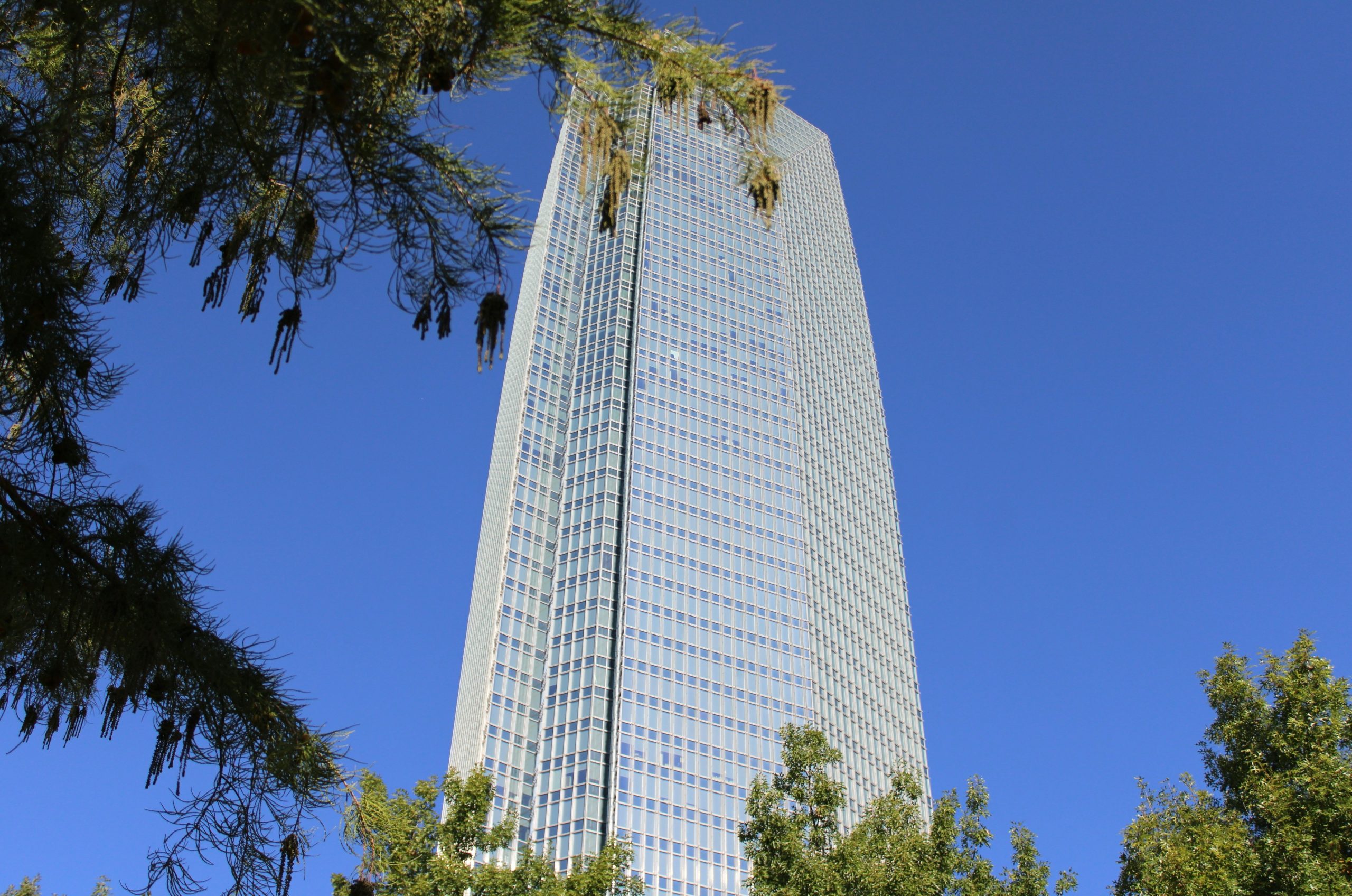 Modern glass skyscraper against a clear blue sky.