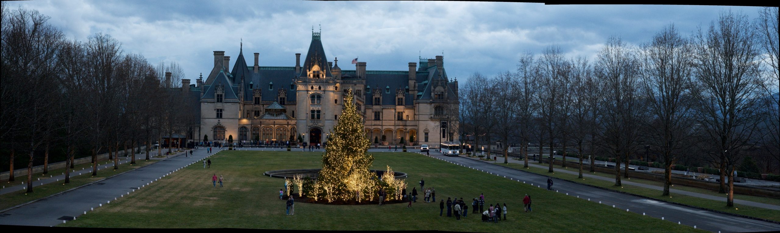 Grand estate with illuminated christmas tree at dusk