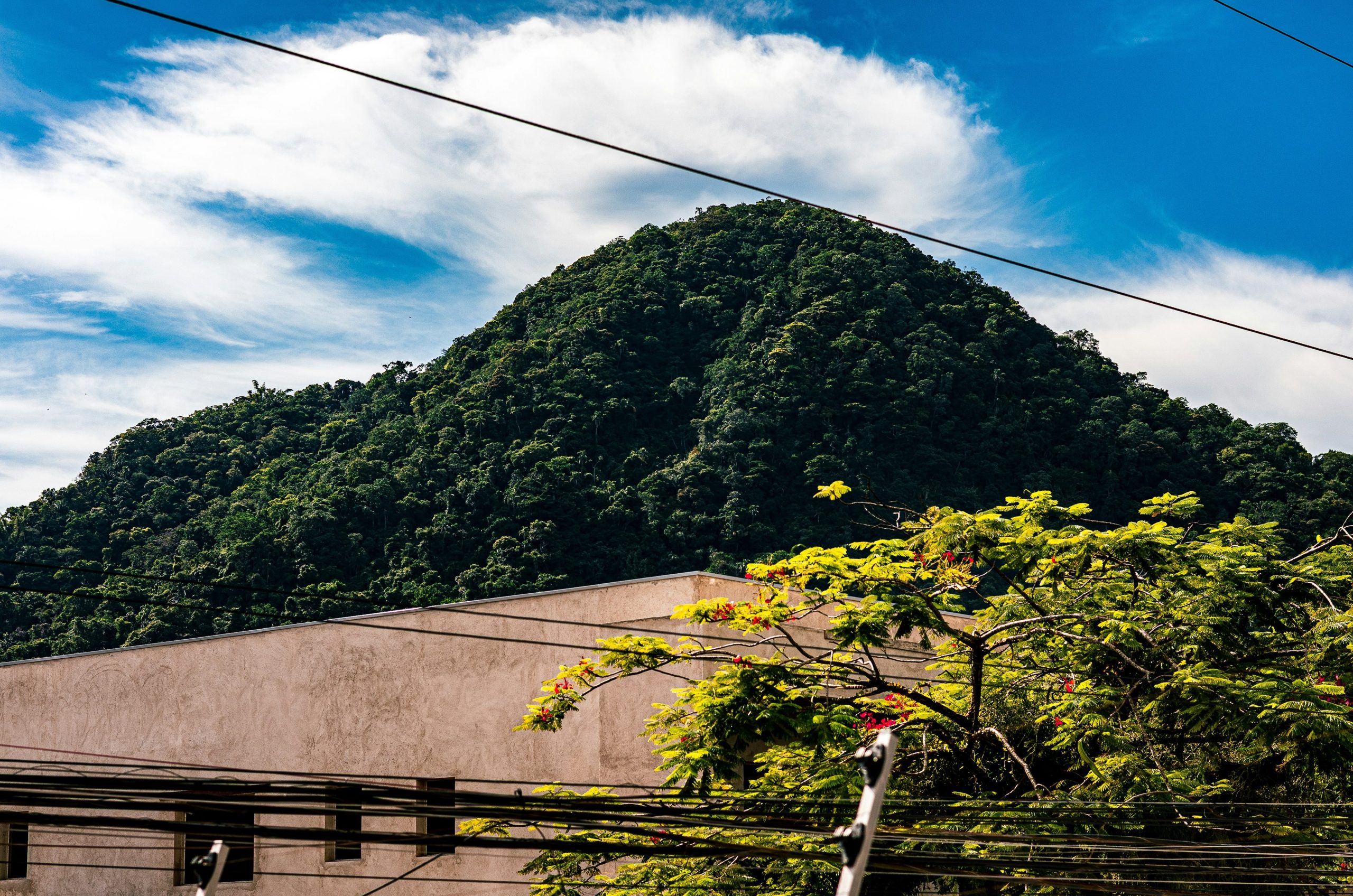 Lush green mountain under a cloudy blue sky.