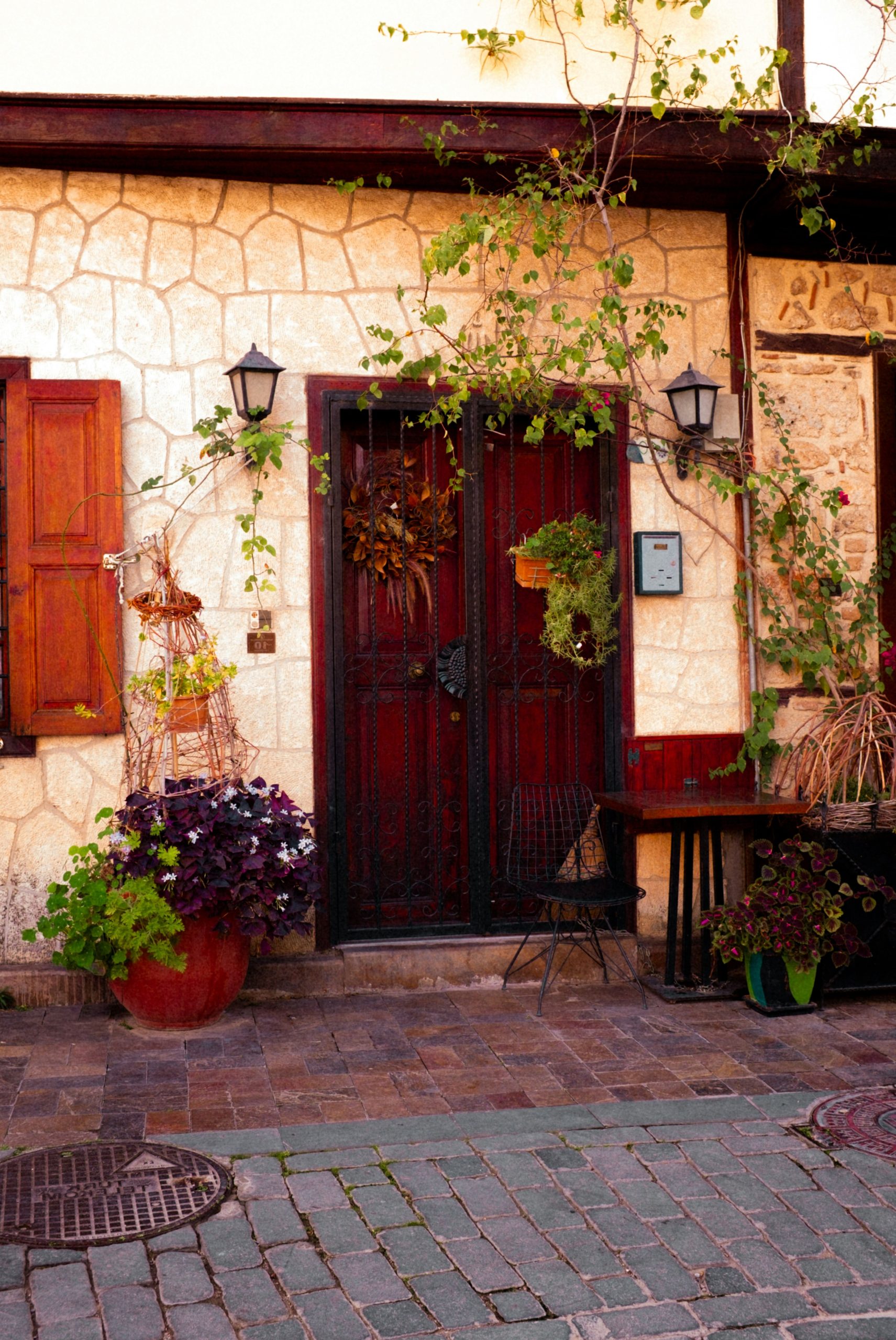 A charming doorway with potted plants and rustic shutters.