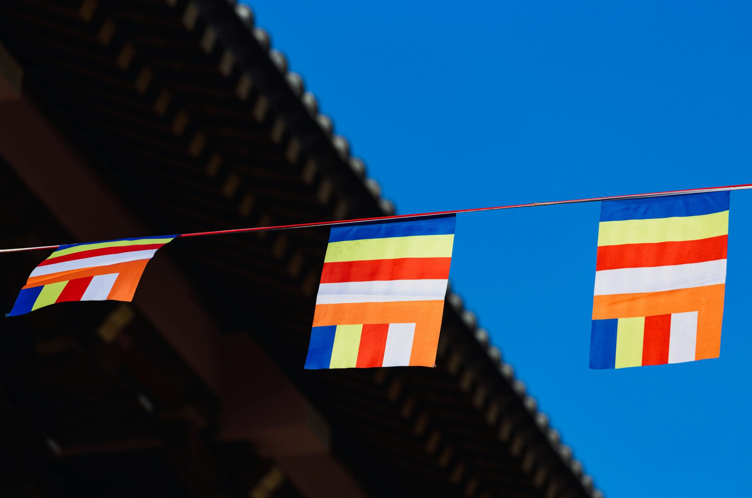 Buddhist prayer flags strung against a blue sky.