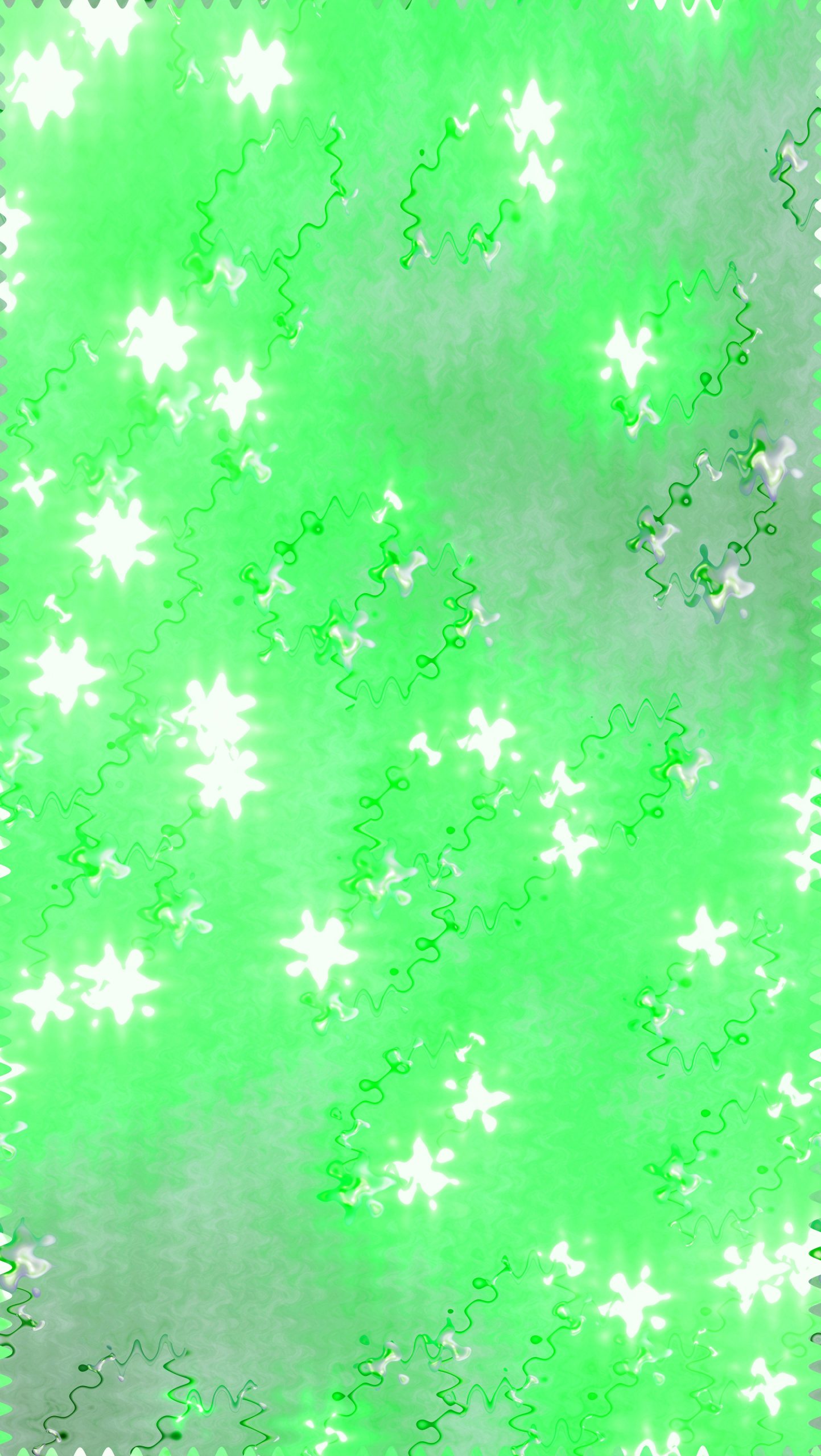 Bright green background with white starbursts and wavy lines