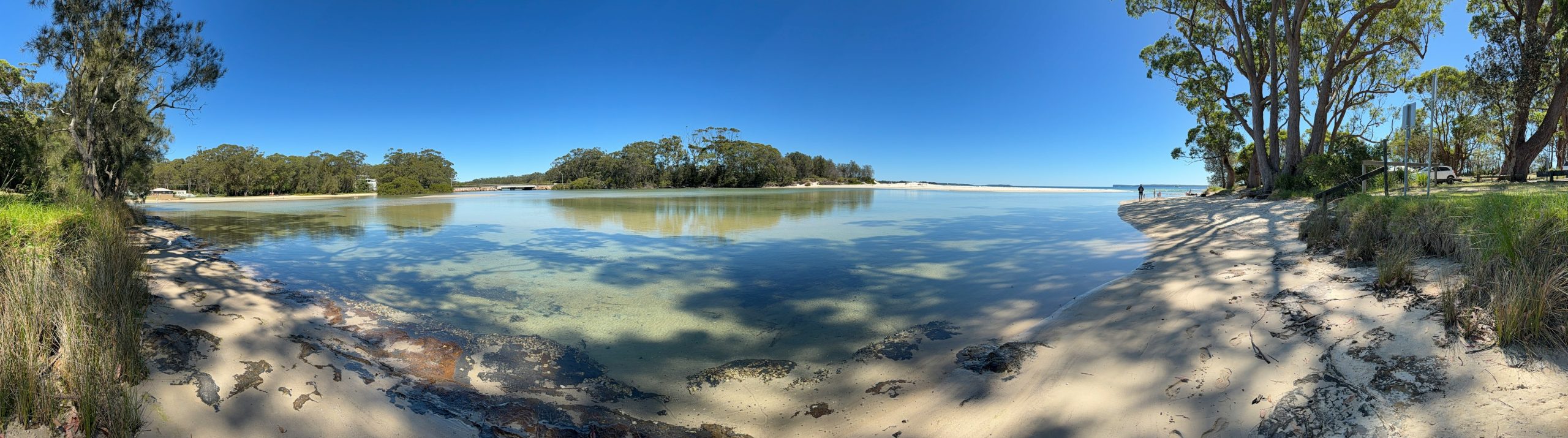 Clear blue sky over a calm lake with trees