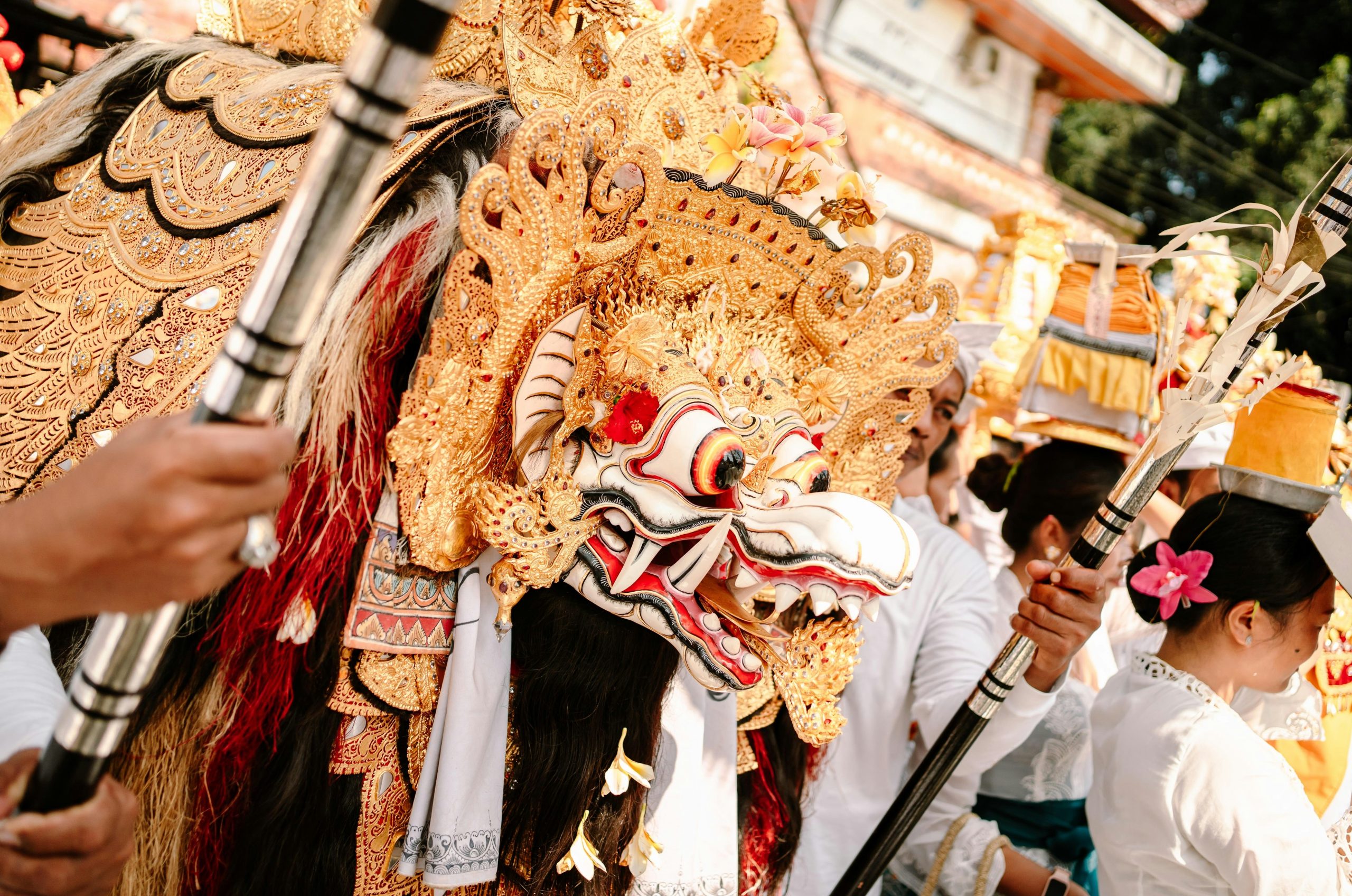 A colorful dragon costume in a parade