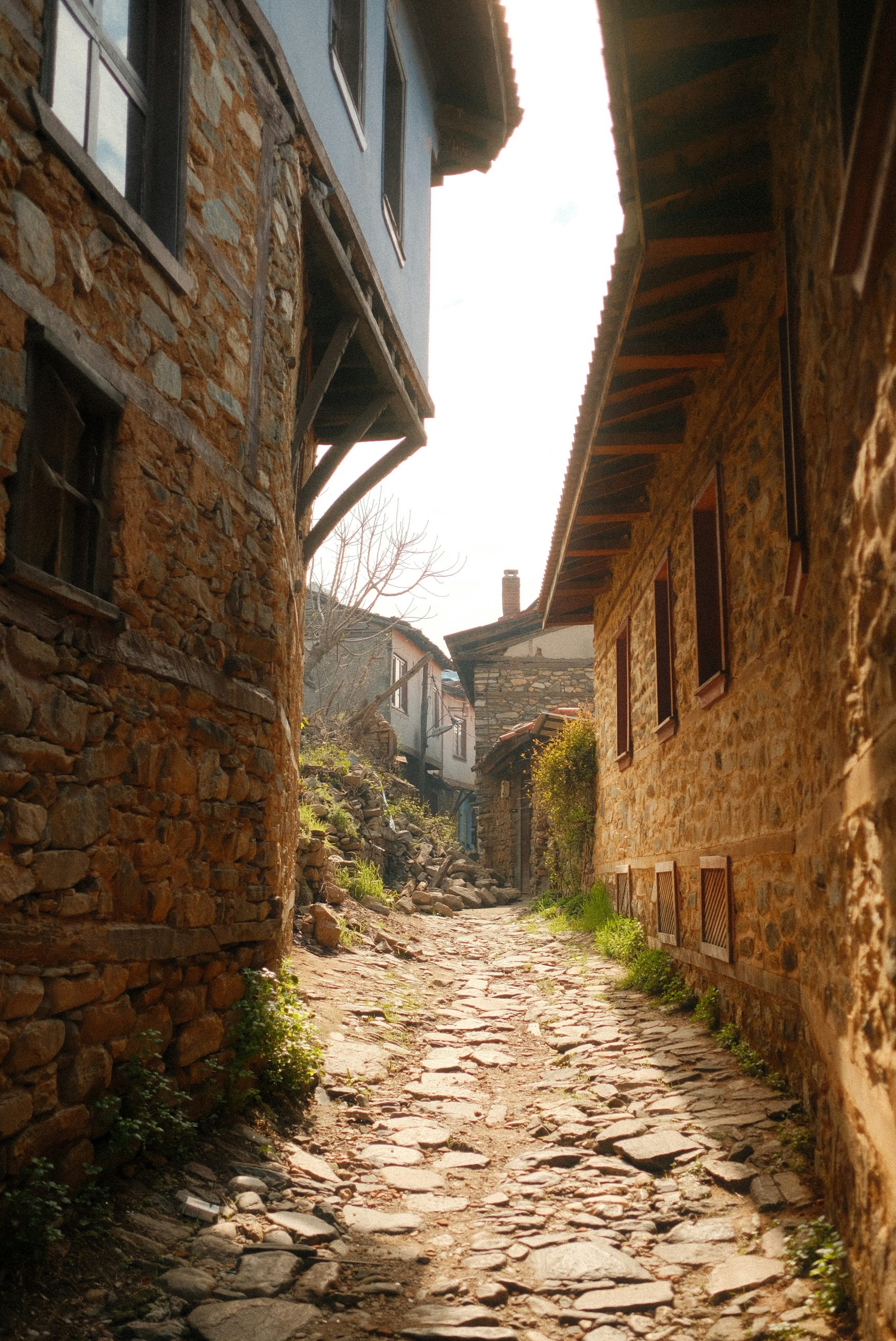 A narrow cobblestone alleyway between stone buildings.